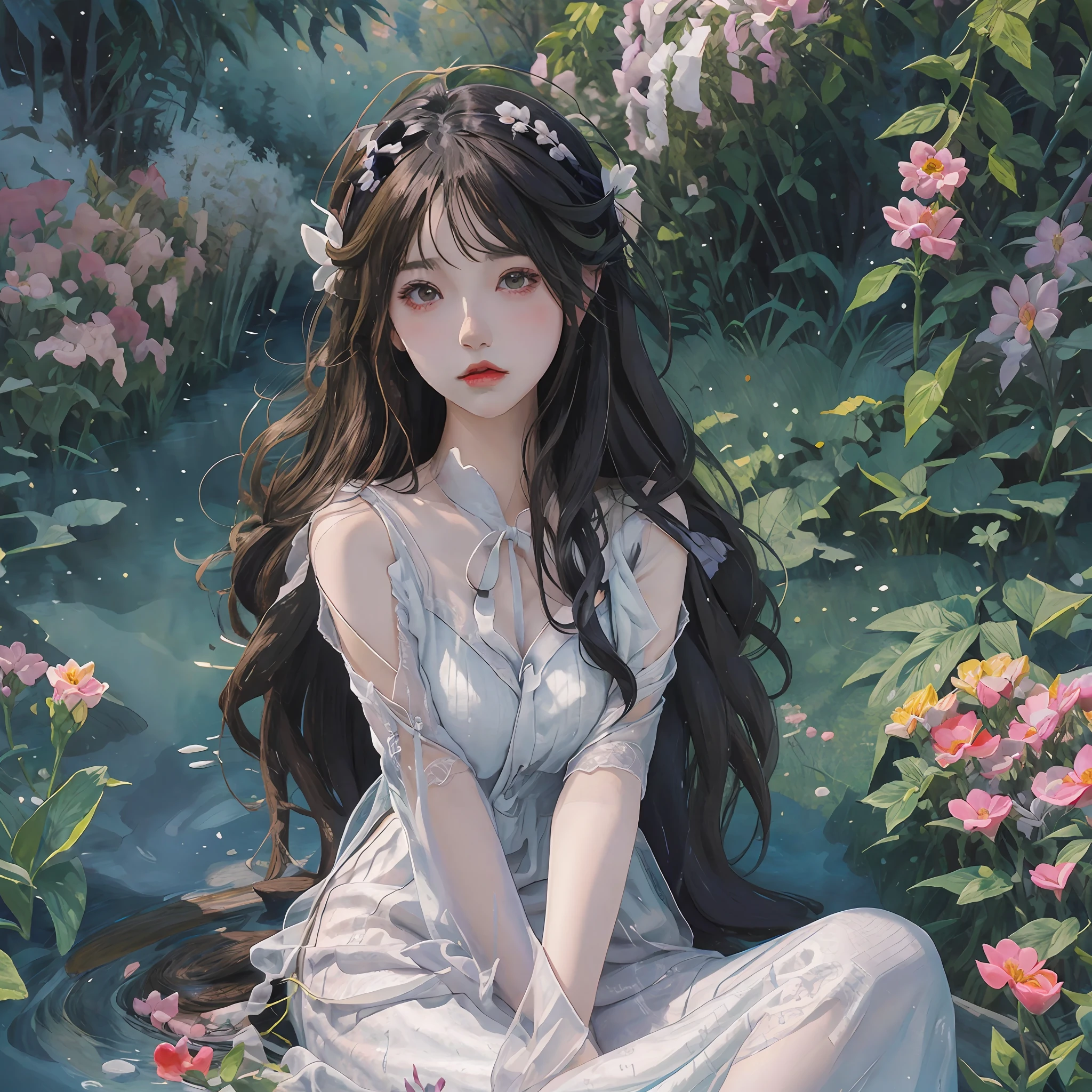 anime girl with flowers in her hair and a white dress, Guviz-style artwork, Guviz, a beautiful anime portrait, Digital anime illustration, Beautiful anime style, Soft anime illustration, guweiz masterpiece, Beautiful character painting, Cute detailed digital art, in the art style of bowater, Beautiful anime girl, lovely art style