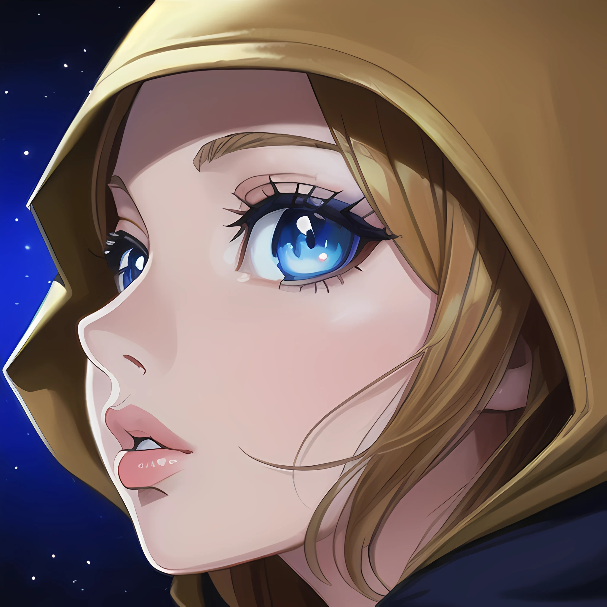 ((close up portrait of middled age woman with a hood on & with big huge giant blue eyes & tiny nose & closed wide thick mouth full lips!!!:1.5)), she is looking at the camera & her expression is solemn, colorfull anime portait, colorfull anime profile, solemn expression, mysterious portrait of a woman, inspired by Naruto anime series, myself, mysterious portrait, mysterious eerie portrait, night!!! (((masterpiece))), (((best quality))), ((ultra-detailed)), (highly detailed anime illustration), ((an extremely delicate and beautiful)),(from side),cinematic light,((1anime woman)),solo, black background, extreme detailed,colorful,highest detailed