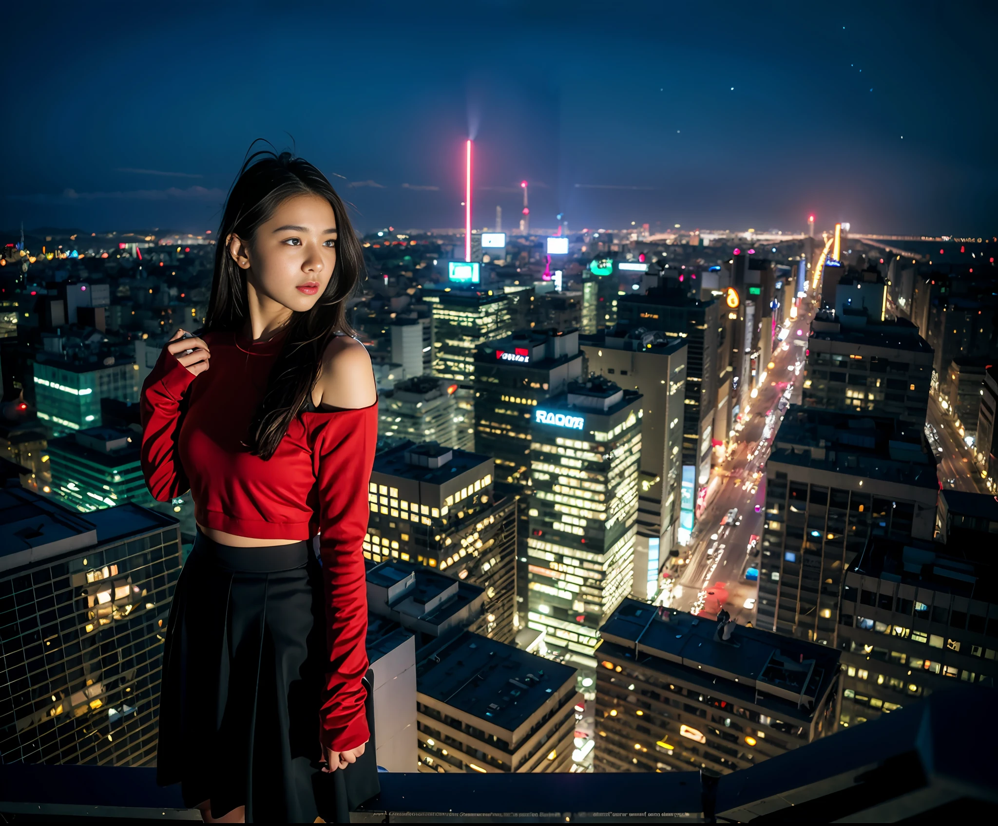 (​masterpiece), top-quality, 超A high resolution,Japan teenage girls, Cyberpunk Stunning cityscape,Japan girl standing on rooftop ,parka,Hair color random、Hairstyle Random、Neon Color Shooting Star, off shoulders, feathers hair ornament, neon color, flushed, stunning night sky, 电影灯光, Photorealsitic, real looking skin, nffsw,