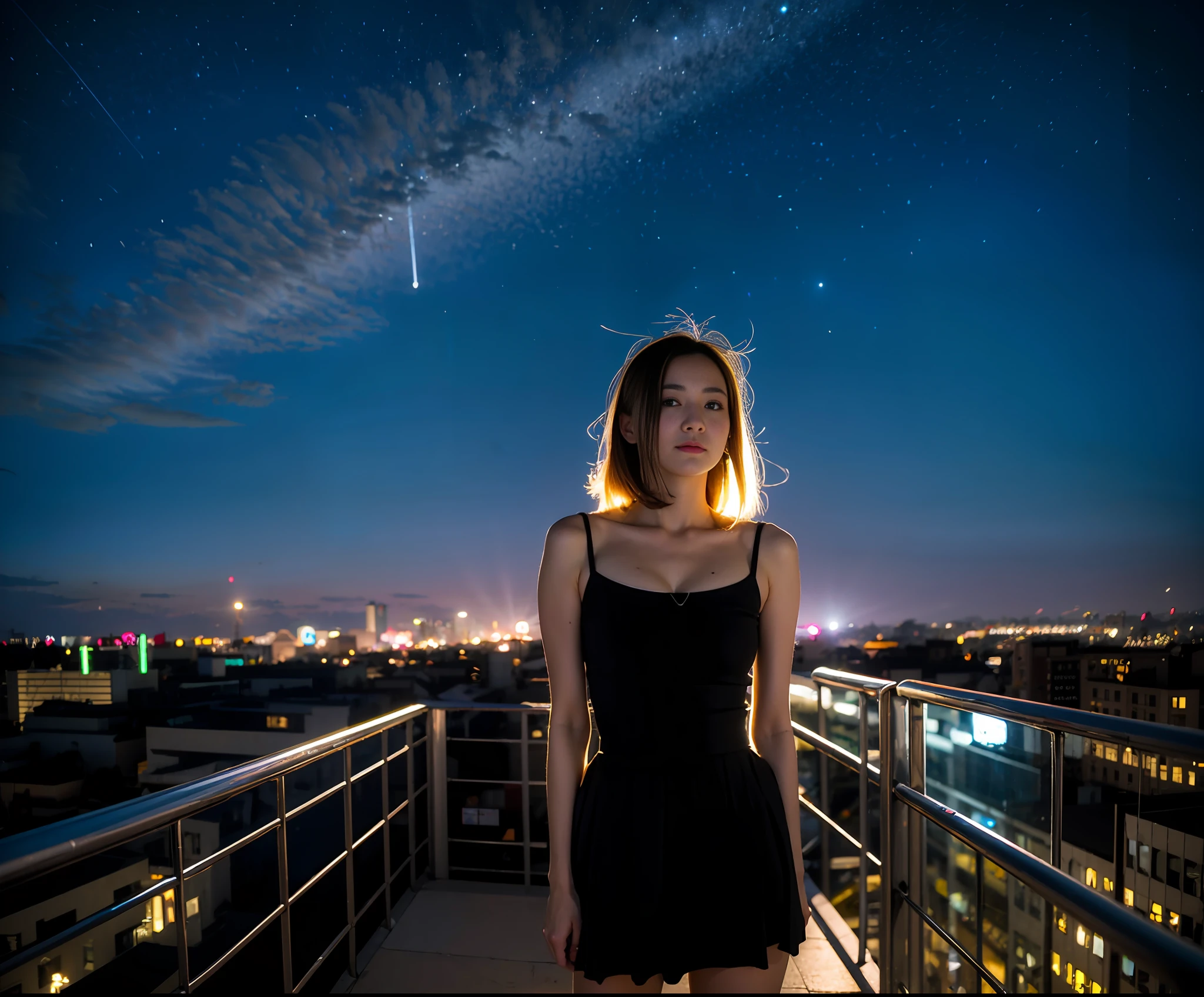 (​masterpiece), top-quality, 超A high resolution,Japan age girls, Cyberpunk Stunning cityscape,Japan girl standing on rooftop ,parka,Hair color random、Hairstyle Random、Neon Color Shooting Star, off shoulders, feathers hair ornament, neon color, flushed, stunning night sky, 电影灯光, Photorealsitic, real looking skin, nffsw,