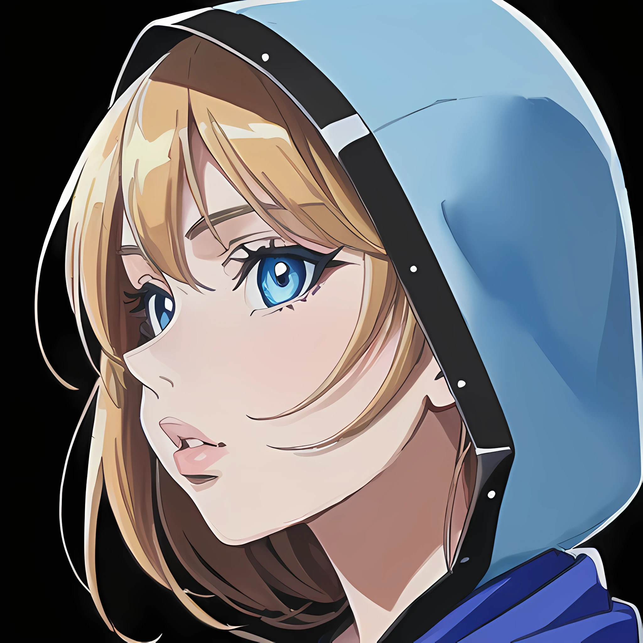 ((close up portrait of middled age woman with a hood on & with big huge giant blue eyes & tiny nose & closed wide thick mouth full lips!!!:1.5)), she is looking at the camera & her expression is solemn, colorfull anime portait, colorfull anime profile, solemn expression, mysterious portrait of a woman, inspired by Naruto anime series, myself, mysterious portrait, mysterious eerie portrait, night!!! (((masterpiece))), (((best quality))), ((ultra-detailed)), (highly detailed anime illustration), ((an extremely delicate and beautiful)),(from side),cinematic light,((1anime woman)),solo, black background, extreme detailed,colorful,highest detailed