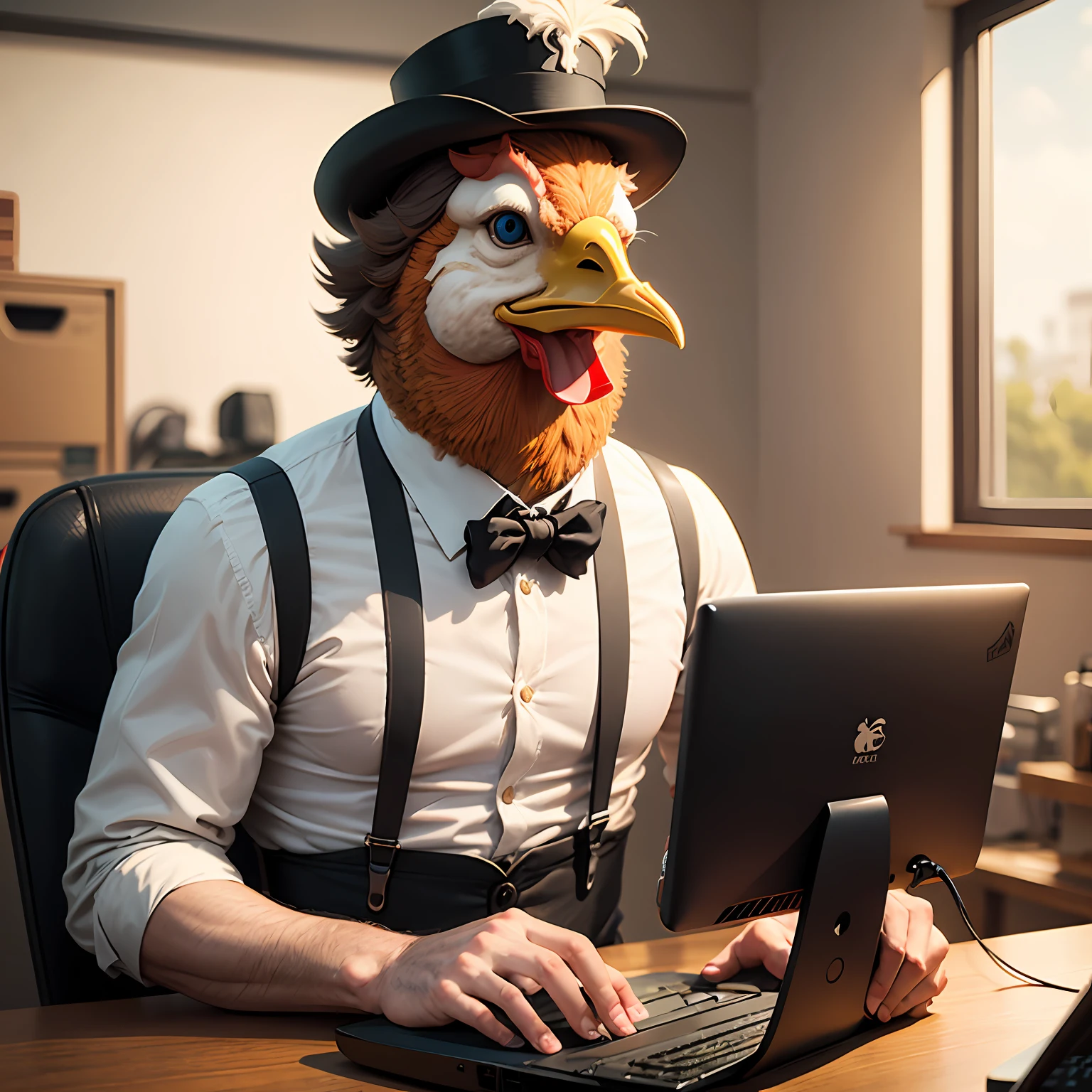 Anthropomorphic chickenman in black suspenders playing computer --auto
