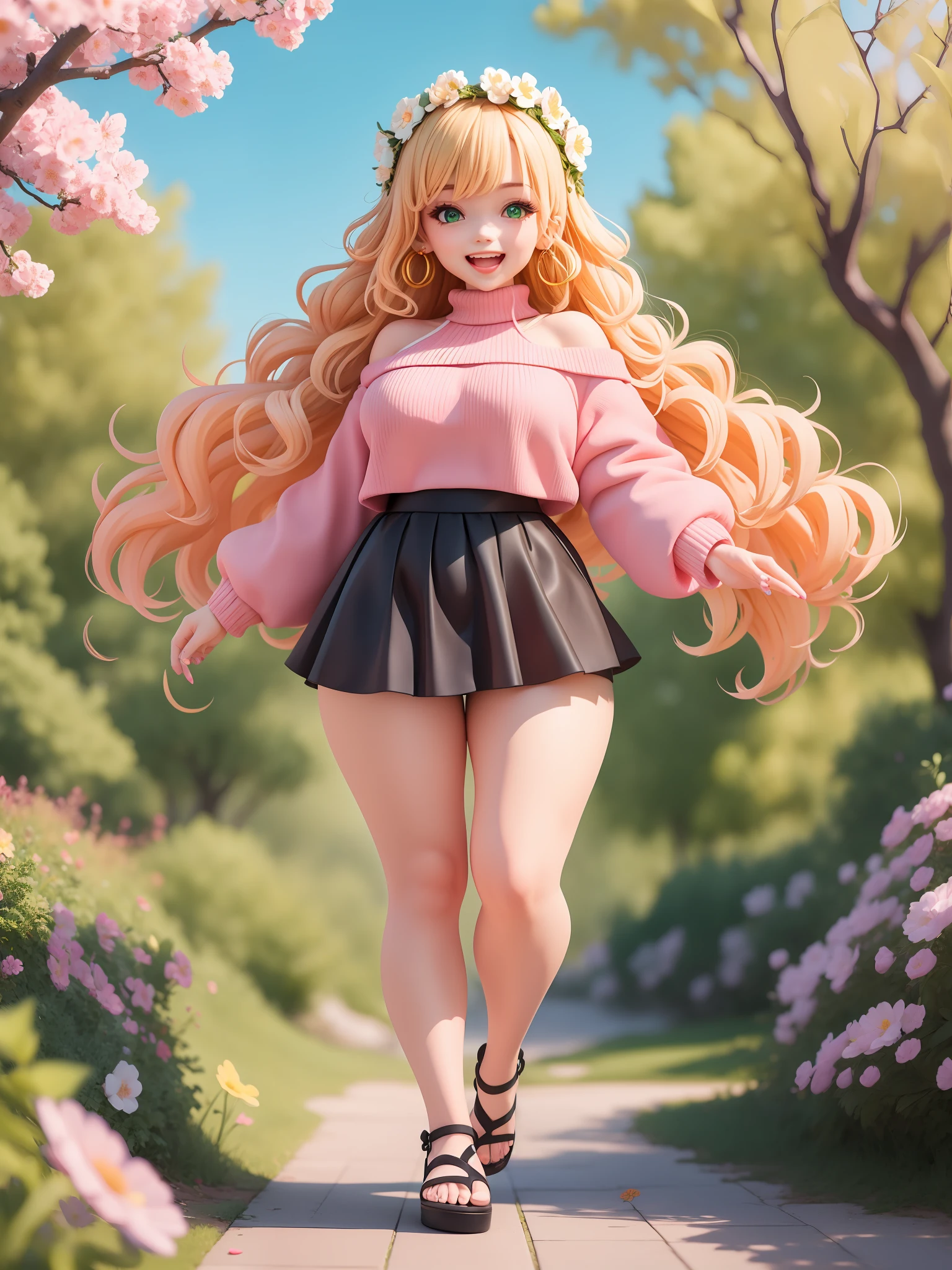 (masterpiece),(best quality),(ultra-detailed), (full body:1.2),
1girl,chibi,cute, smile, open mouth,
flower, outdoors, flower crown, hair flowing in wind, green eyes, blonde hair, curly hair, medium hair, pink earrings, pink nails, pink off-shoulder sweater, black skirt, black stockings, pink flip-flops, (thick thighs), big hips, sakura trees