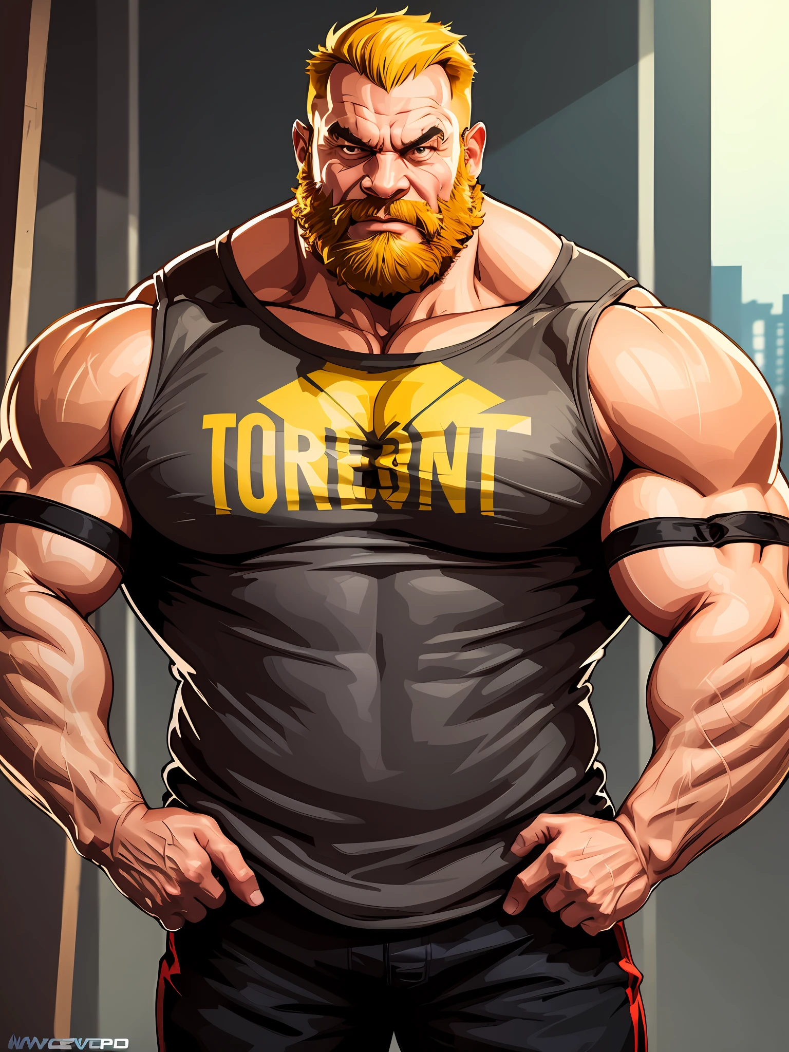 a portrait big muscular old man standing wearing tank top, half body, , mwvector, city background, bodybuilder, strongman, detailed muscle, yellow hair