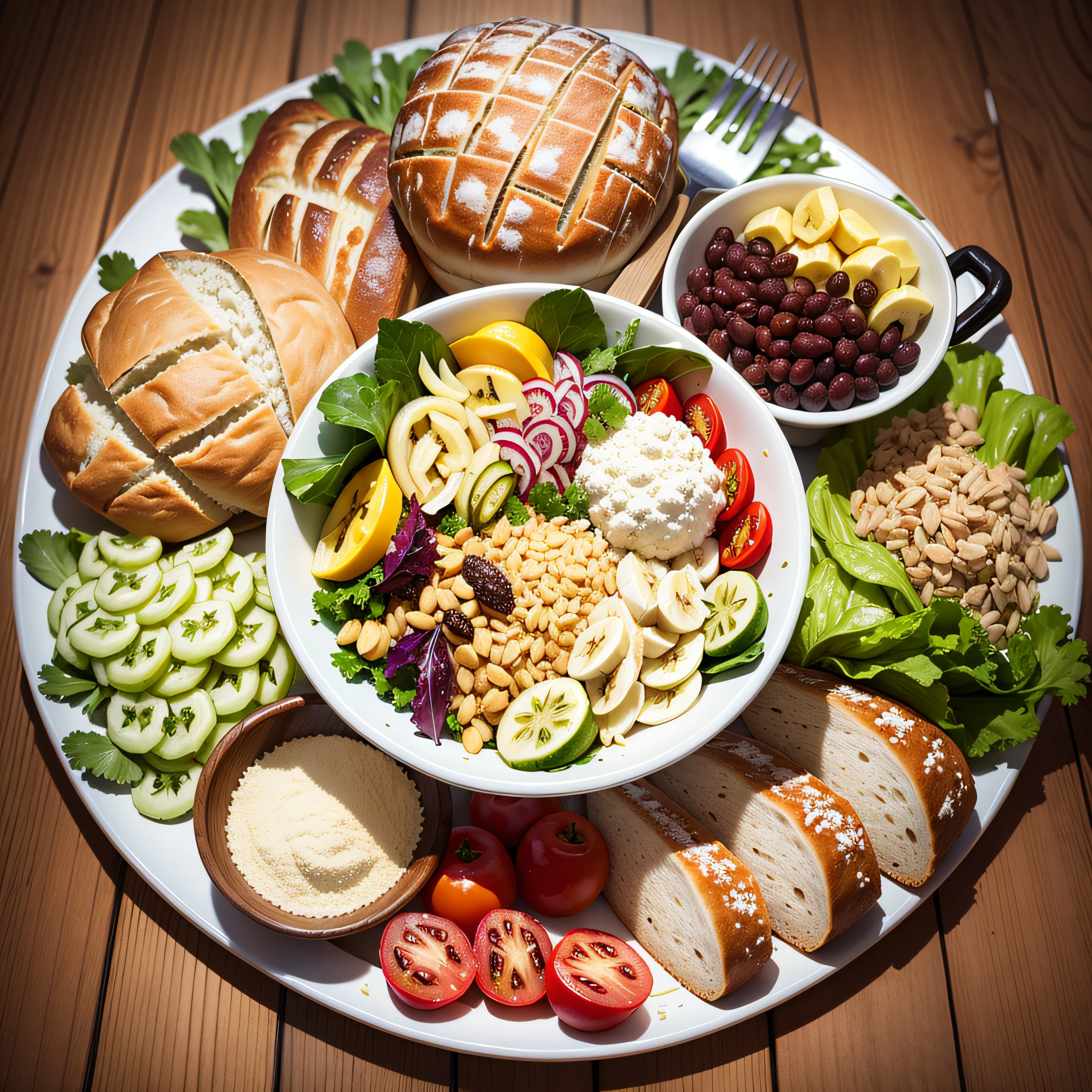 A imagem mostra uma mesa repleta de uma variedade de frutas, fresh and colorful vegetables and whole grains, dispostos de forma atraente em uma bela sexta. There are pineapple slices, Watermelon and melon, juntamente com uvas, morangos, amoras e framboesas, all looking juicy and inviting. Ao lado das frutas, There is a selection of fresh vegetables, como cenouras, pepinos, bell peppers and tomatoes, prontos para serem cortados em palitos para serem consumidos como lanches ou adicionados a saladas. Em outra parte da sexta, There are a variety of whole grains, like rye breads, wholemeal bread, Grain crackers with sunflower seeds and flaxseed, plus a plate of oatmeal with berries. The image conveys the feeling of a healthy and balanced choice for a nutritious and tasty diet, with a variety of colorful and fresh options that can be enjoyed anywhere, a qualquer momento. O ambiente pode ser uma cozinha, uma sala de jantar ou um jardim, that conveys the idea of a healthy and balanced lifestyle. --auto