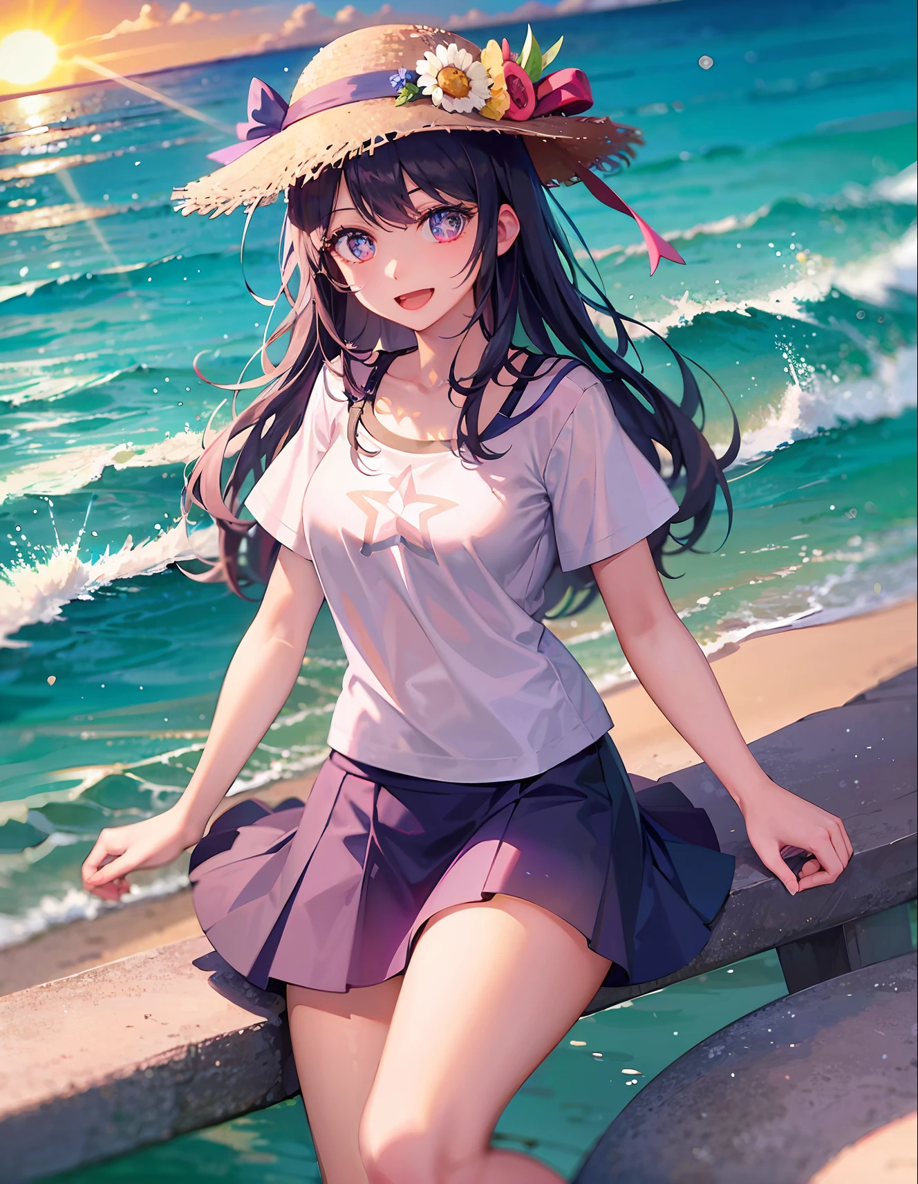 1girll,((There is a five-pointed star in the eye)),Smile ,Open mouth ,short sleeve T-shirts,short skirt,Round flower hat,beachside,precipice,sunraise