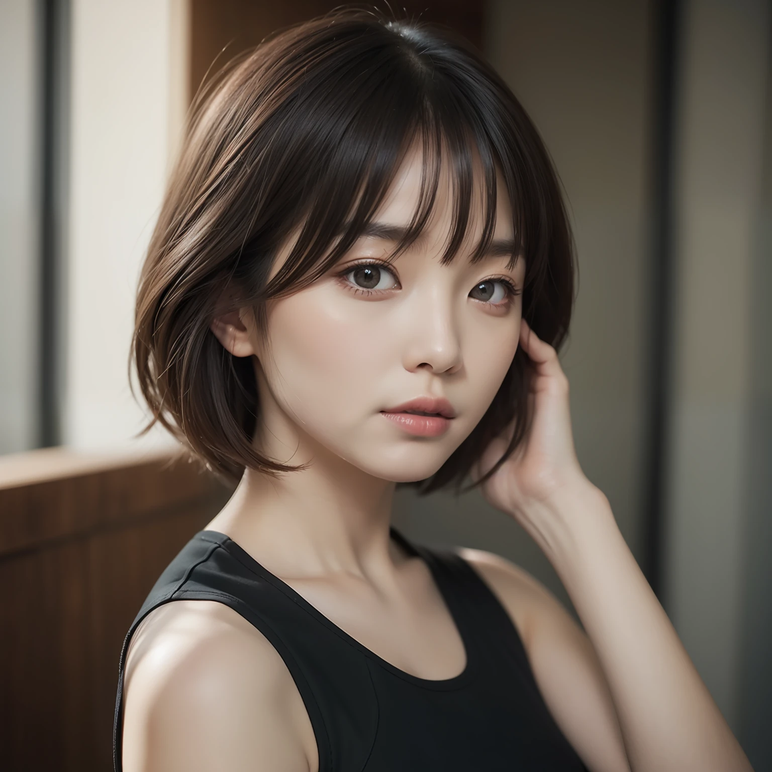 1 girl, depth of fields, One-person viewpoint, F/1.8, 135 mm, NIKON, NIKON, nffsw, retinas, masutepiece, ccurate, Anatomically correct, Textured skin, Super Detail, high details, High quality, Best Quality, 1080p, hard disk, 4K, 8K Tank Top, 20 years girl、short dull hair、bionde、beautiful countenance