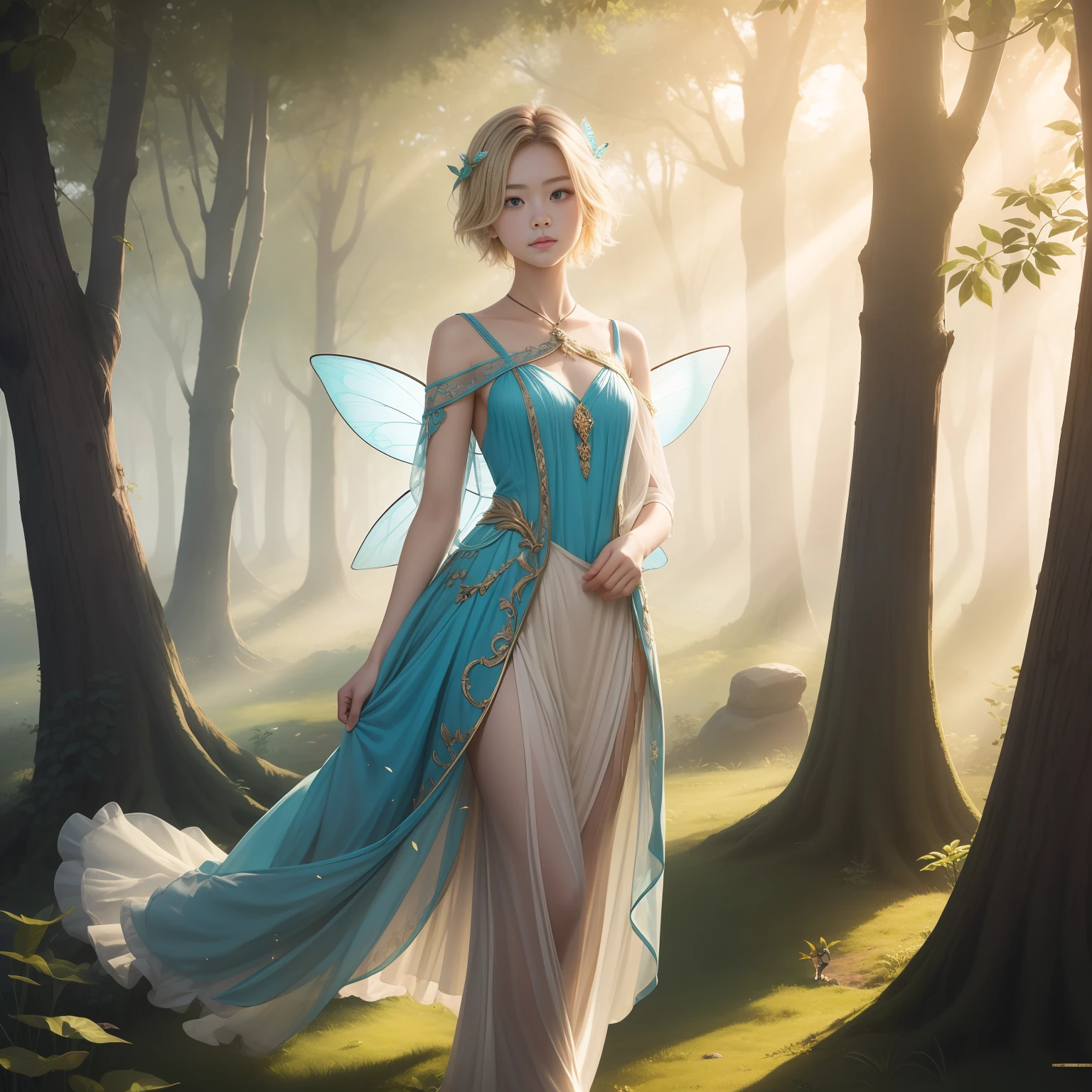 (masterpiece)8K分辨率、top-quality、Boy Fairy、beige blonde hair、Turquoise eyes、Hazel Eyes、fantasy-inspired、The tree々Background of sunlight shining through、Delicate full-body image