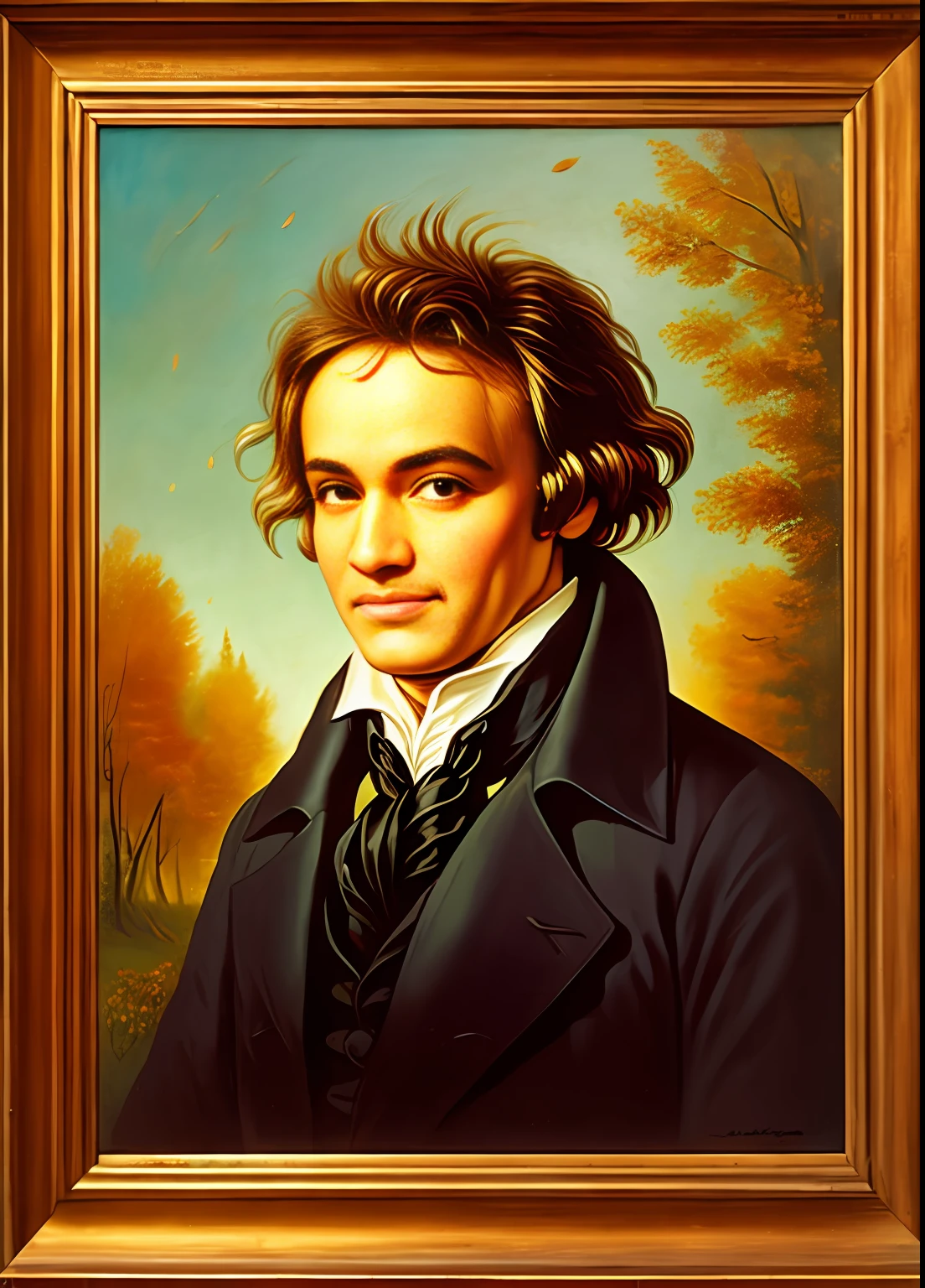 un cuadro de Ludwig van Beethoven sonrriendo , feliz smiling,, luminous design, colores pastel, gotas de tinta, Autumn Lights