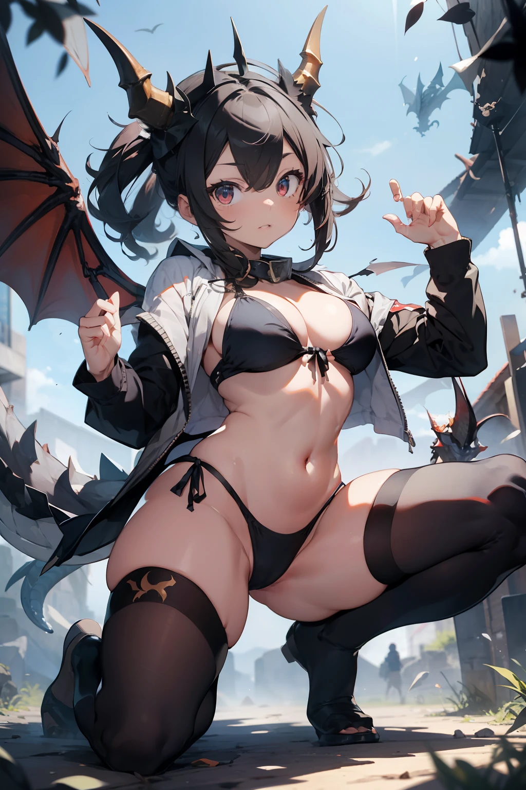 master-piece,hyper quality, hyper detailed,perfect drawing,1 beautiful girl, dragon scaled bikini, dragon ears, dragon tail, dragon horn, dragon paw, dragon fingers, hunter's eyes aiming for prey, black and white mesh hair, drooping eyes, height 188cm, three sizes B120W65H95, whiplash, kneeling, pow pause