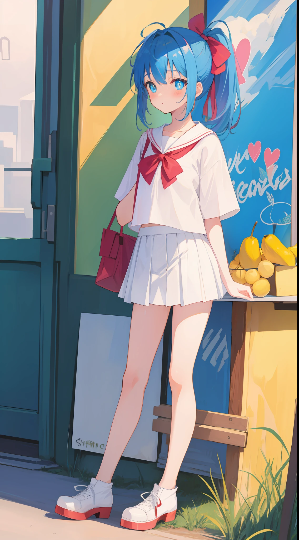 style of anime，Cute anime style girl，Short white hair，Red and blue heterochromatic pupils，Wear shell toe toe high-top flats，blue hair ribbon，chiquita，sitted，your legs，flatchest，Short ponytail hair，Exposed panties，white  panties，White high-top flats in hand，chiquita，Short pleated skirt，Full body photo