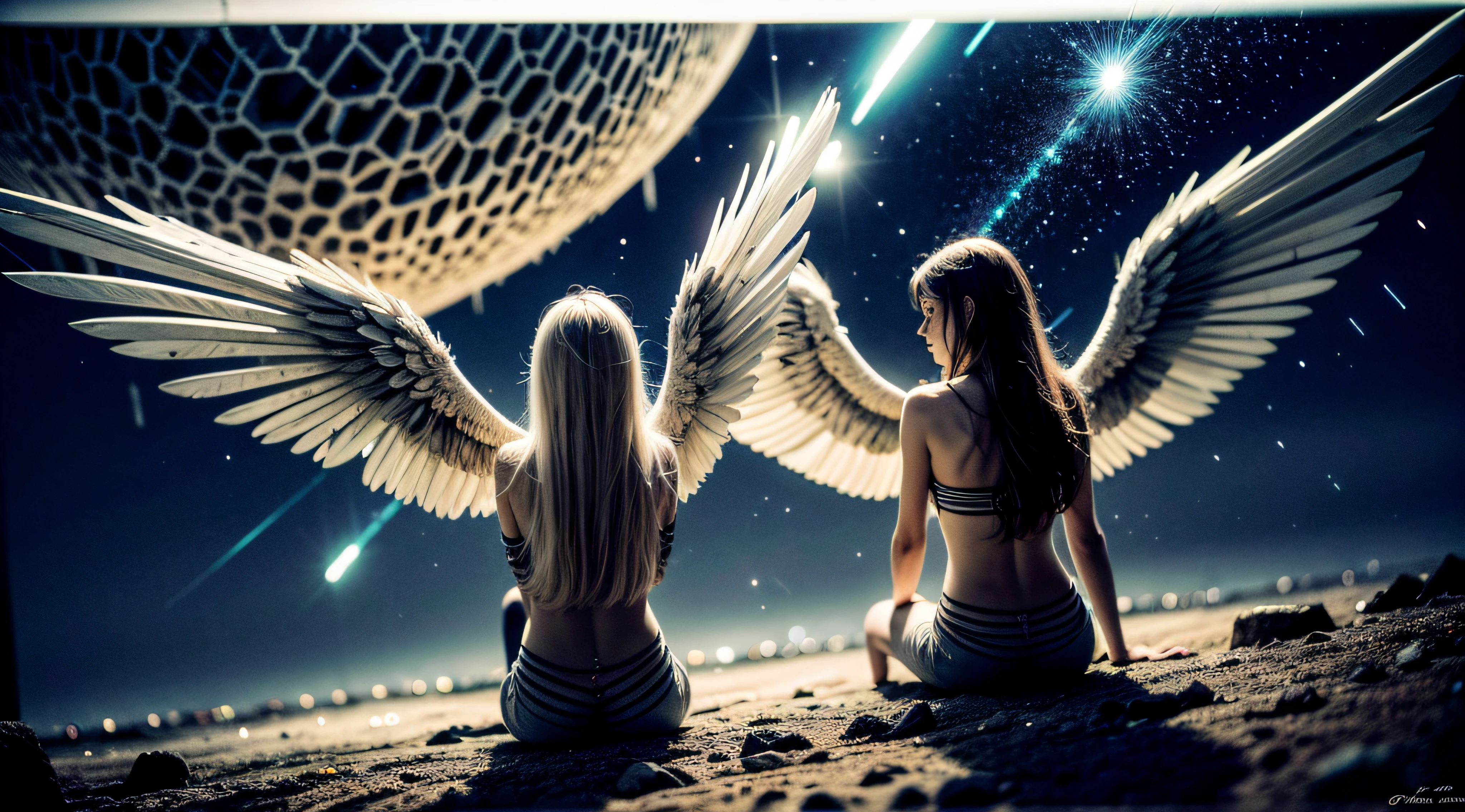 (masterpiece), (best quality:1.4), absurdres, [:intricate details:0.2], angel, angel wings, milky way, sky, shimmering aura, intense focus, crackling energy, mysterious symbols, sparkling motes,
