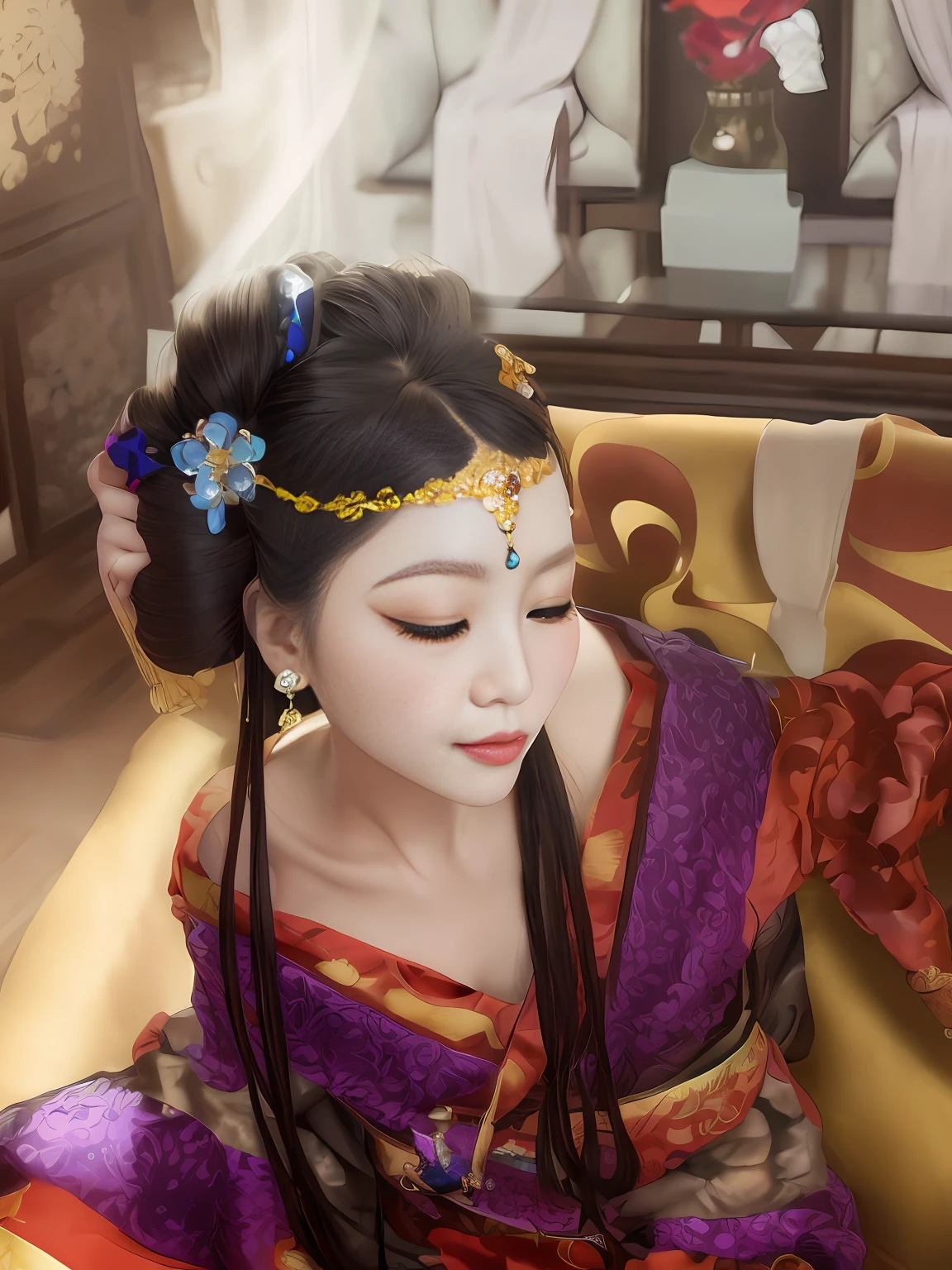 Arad woman sitting on purple sofa in blue dress and headdress, China Princess, Chinese style, traditional female hairstyles, geisha hairstyle, Princesa chinesa antiga, traditional makeup, Chinese traditional, ruan jia beautiful!, elaborate long hairstyle, inspired by Mei Qing, inspired by Li Mei-shu, head gear, The delicate hair was worn out, Chinese costume