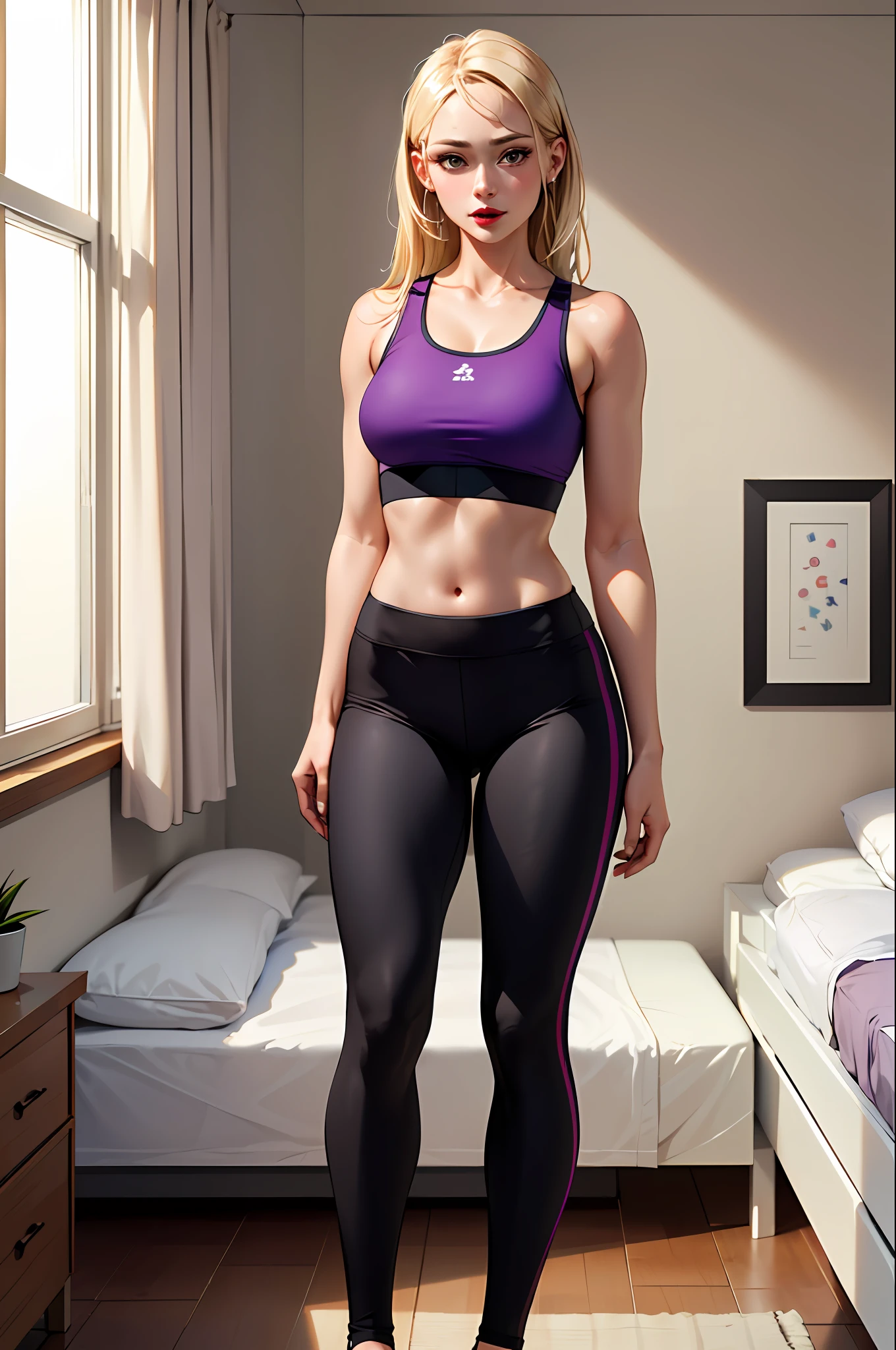 (masterpiece:1.4)、(top-quality:1.4)、
1girl in, Sports bra and purple sports leggings、Arm sleeve、a blond, length hair, looking at the viewers, Bedroom, 独奏 ,realisitic,(shinny skin),(masterpiece:1.4),(top-quality:1.4),red-lips