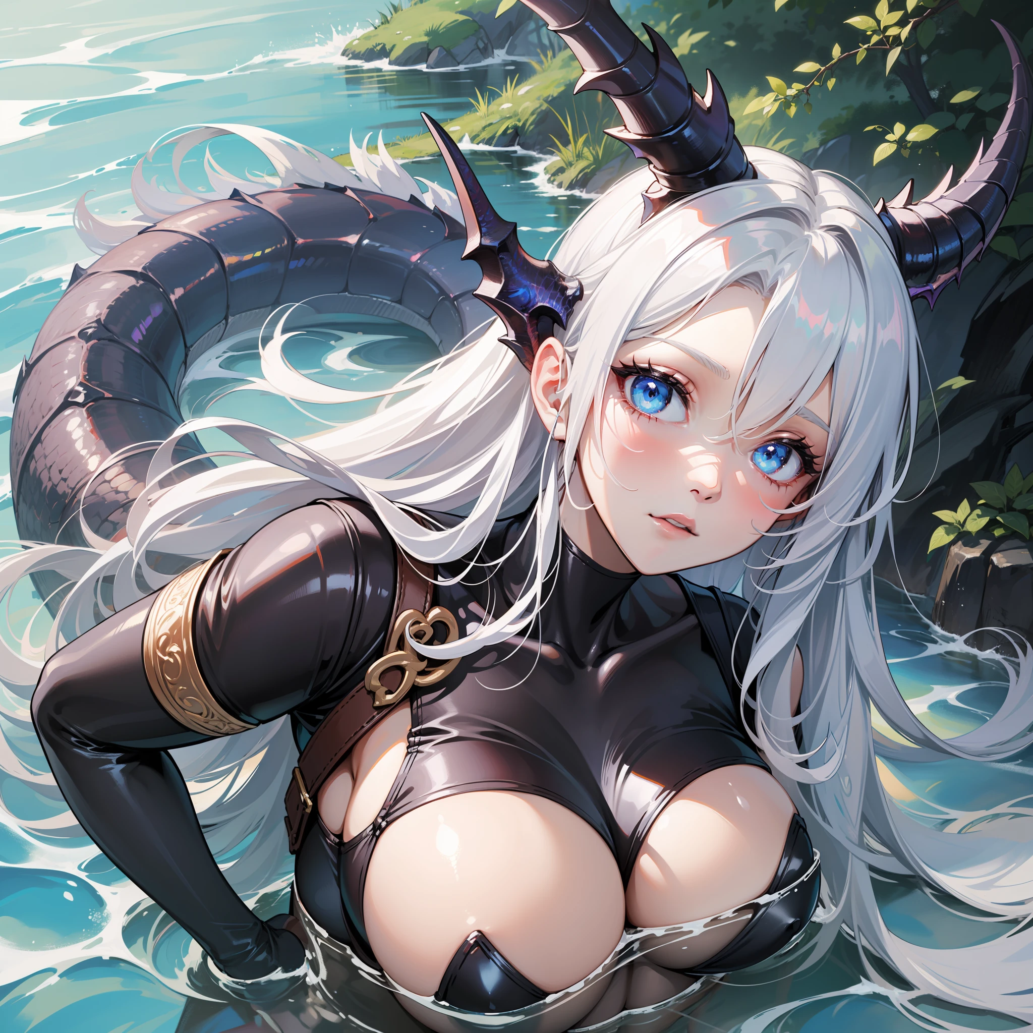 Dragon's horn，Lori huge breasts cleavage，long  white hair，White one-piece swimsuit，Blue eyes，Dragon tail，lakeside，Dragon Lady