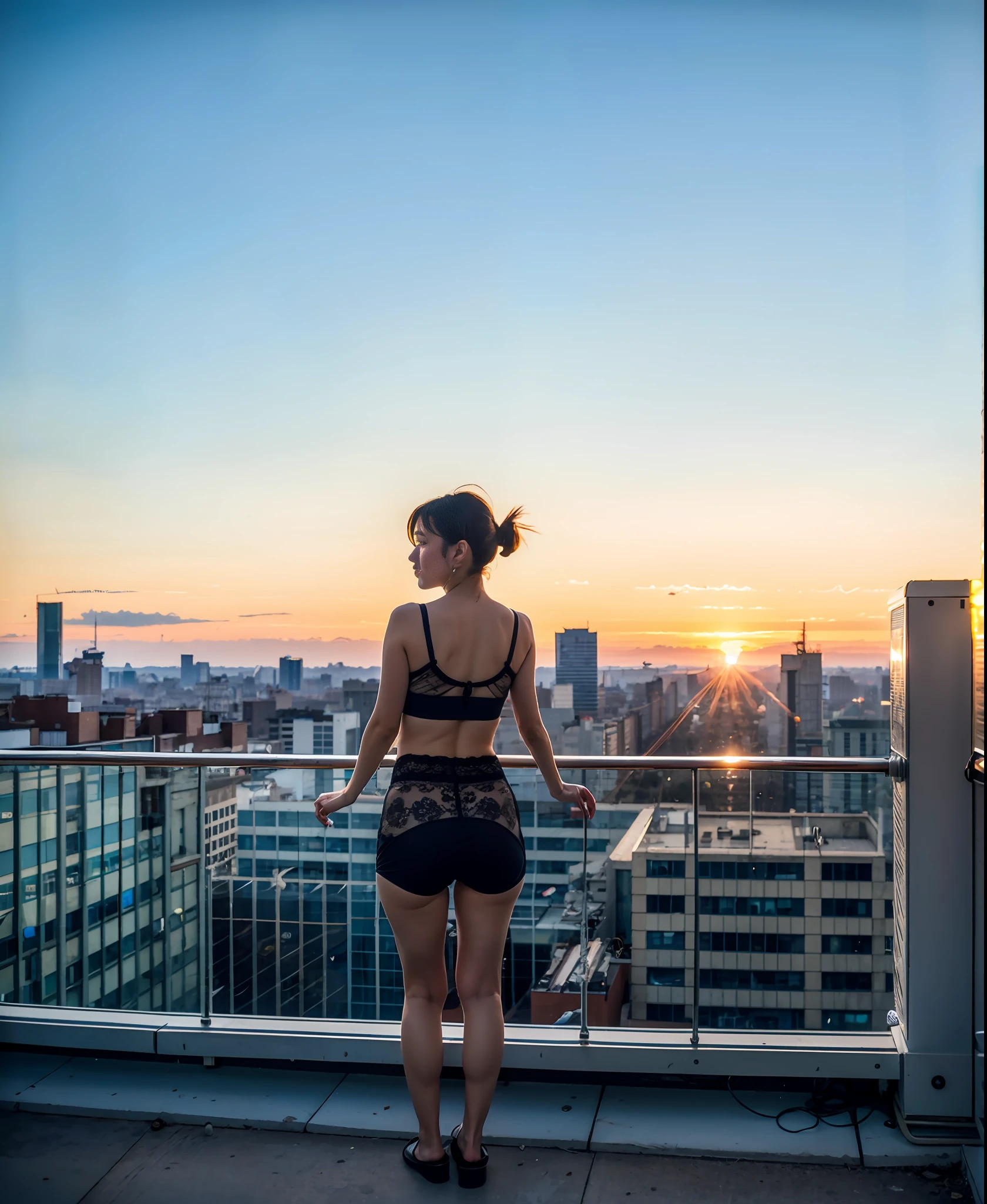 (​masterpiece), top-quality, 超A high resolution,Japanese  girl, Cyberpunk Stunning cityscape,Japan girl standing on rooftop ,Wearing lace underwear、Wearing a transparent babydolorching sun, extra very short hair, off shoulders, neon color, flushed, Stunning daytime sky, 电影灯光, Photorealsitic, real looking skin, nffsw,