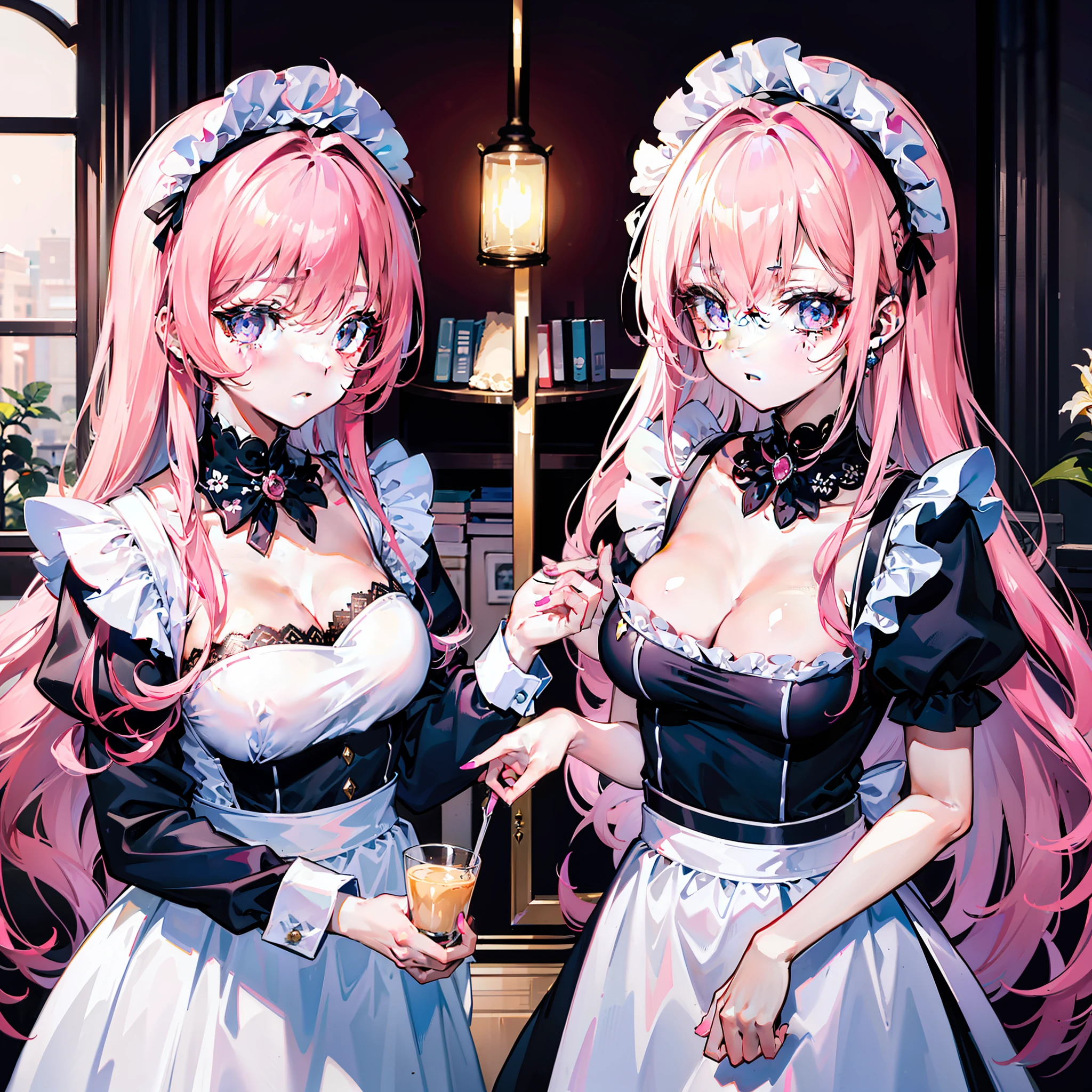 Three lily maids,Pink long-haired maid top-naked,Two white long-haired maids covered the sensitive parts of the pink long-haired maid's upper body with their mouths