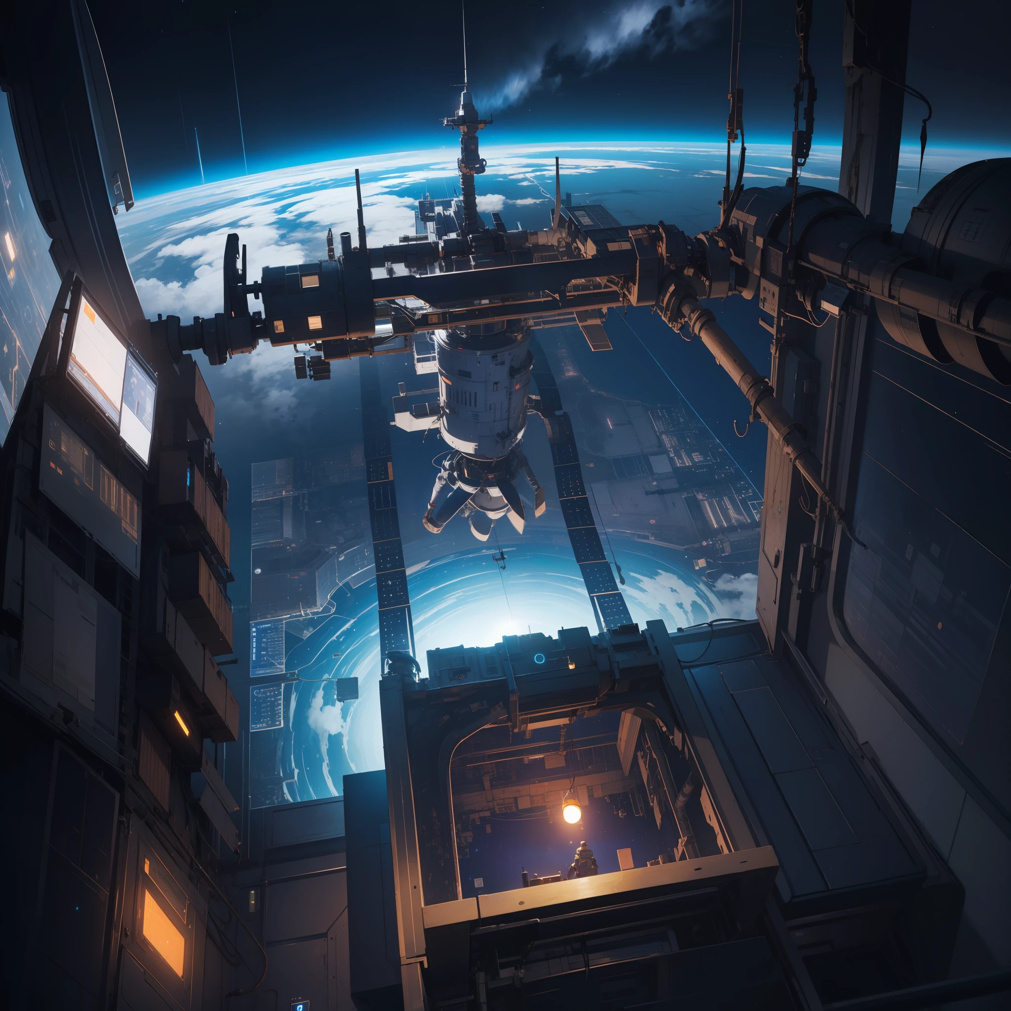 Panoramic display of the space station,Strong sense of technology,The lighting is exquisite,Zero gravity scene,Gorgeous mechanical equipment,Blue and white color scheme,A high resolution,wide high angle view,Deep night sky,Magnificent,High-altitude overlooking。