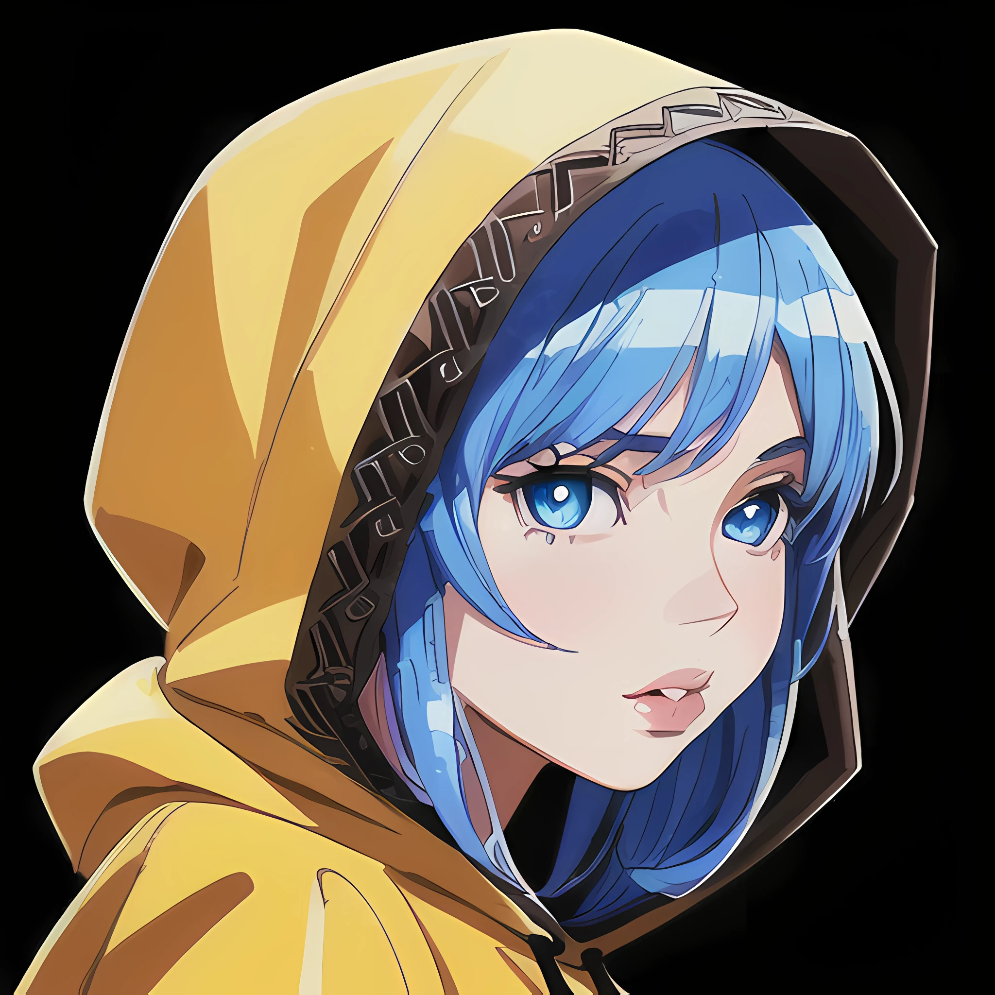 ((close up portrait of middled age woman with a hood on & with big huge giant blue eyes & tiny nose & closed wide thick mouth full lips!!!:1.5)), she is looking at the camera & her expression is solemn, colorfull anime portait, colorfull anime profile, solemn expression, mysterious portrait of a woman, inspired by Naruto anime series, myself, mysterious portrait, mysterious eerie portrait, night!!! (((masterpiece))), (((best quality))), ((ultra-detailed)), (highly detailed anime illustration), ((an extremely delicate and beautiful)),(from side),cinematic light,((1anime woman)),solo, black background, extreme detailed,colorful,highest detailed