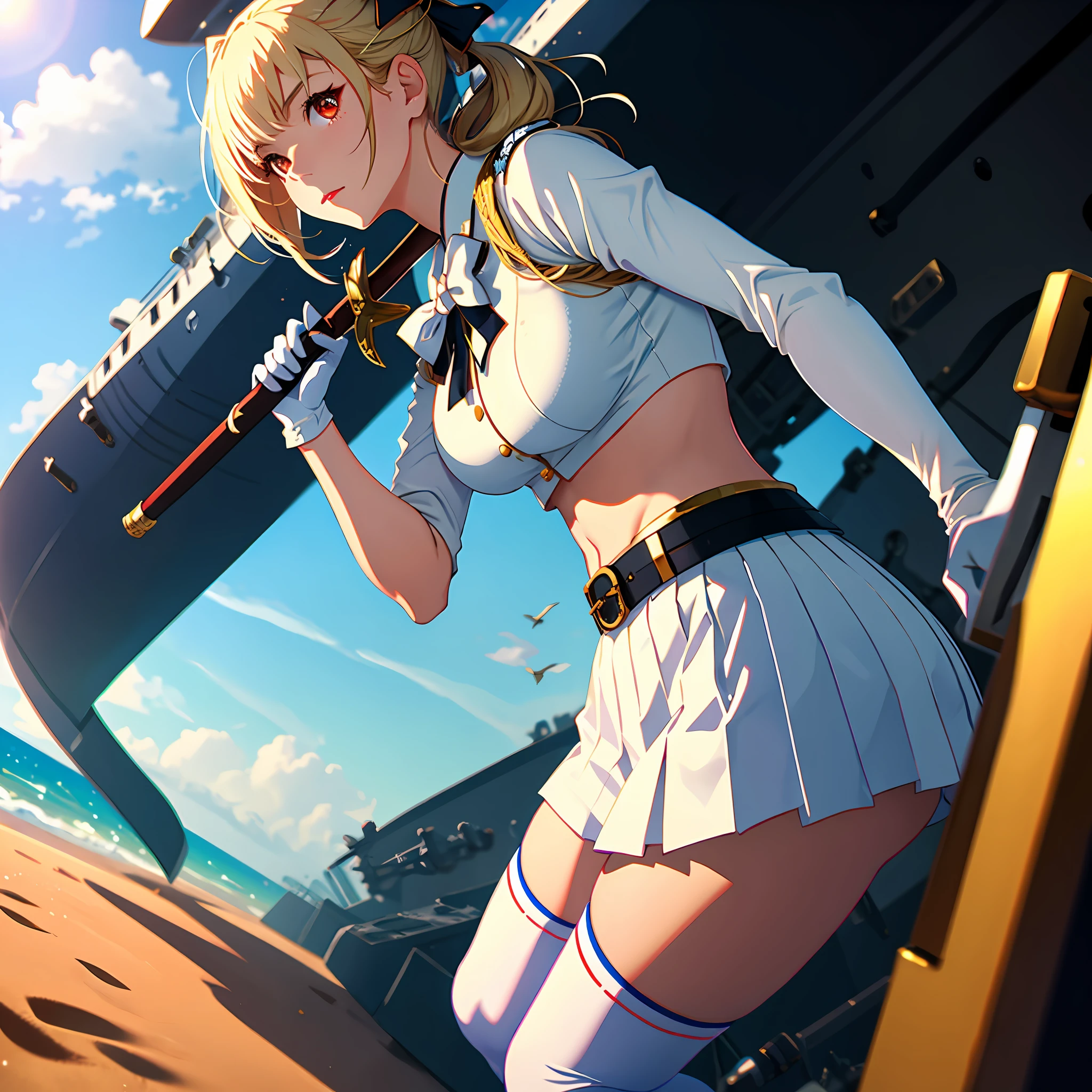 1个Giant Breast Girl,cabelos preto e longos,Qi bangs,Long ponytail,White bow hairpin,red pupils,beauitful face,crisp breasts,Convex buttocks,White military uniform,Double-breasted gold-tone clasp,White pleated skirt,Black stockings,White gloves,Japanese katana in hand,beachside,Naval warships,perfectly proportioned, Cinematic lighting, filmgrain, Fuji colors, lightand shade contrast, 8K, 巨作, Textured skin, Super detail, high detal, High quality, A high resolution,