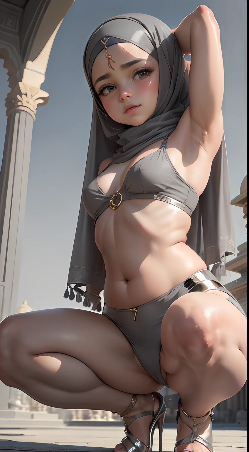 (:1.7), (arabian girl:1.2) perfect face, perfect nose. (chubby:1.6) child in (saree) perfect full HDR body exposed midriff highleg loli flat c curvy indian armpits bellydancer 8k high res knees ankles , royal skimpy underwear, cleavage (shiny skin:1.5) (full body shot) (high heels) (armpits:1.3) (outdoor) (grey theme:1.8) (masterpiece:1.8) (hijab:1.2) (temple:1.4) (squatting:1.5) (thighs exposed:1.5) (knees exposed:1.5)