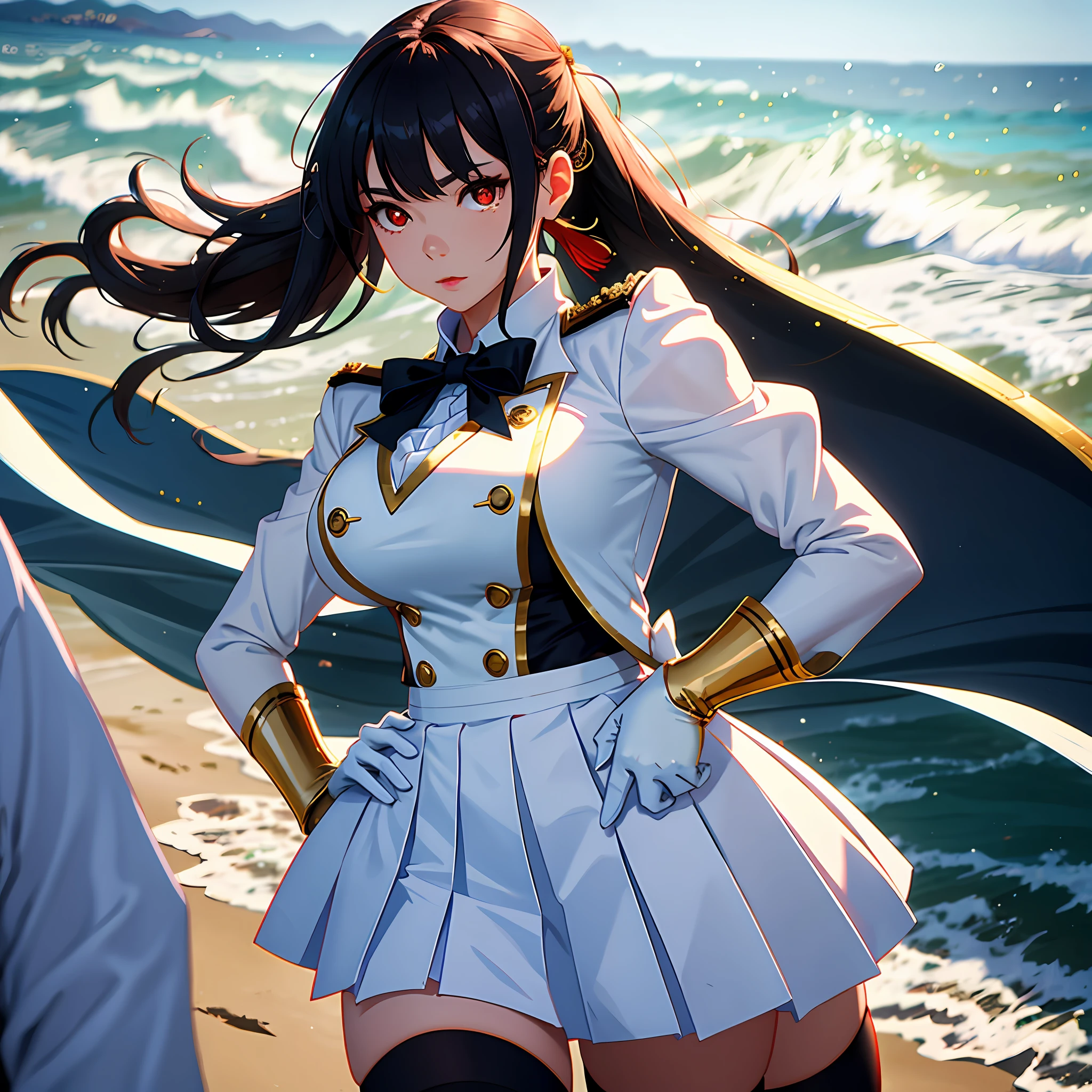 1个Giant Breast Girl，cabelos preto e longos，Qi bangs，Long ponytail，White bow hairpin，red pupils，beauitful face，crisp breasts，Convex buttocks，White military uniform，Double-breasted gold-tone clasp，White pleated skirt，Black stockings，White gloves，Japanese katana in hand，beachside，Naval warships，perfectly proportioned, Cinematic lighting, filmgrain, Fuji colors, lightand shade contrast, 8K, 巨作, Textured skin, Super detail, high detal, High quality, A high resolution,