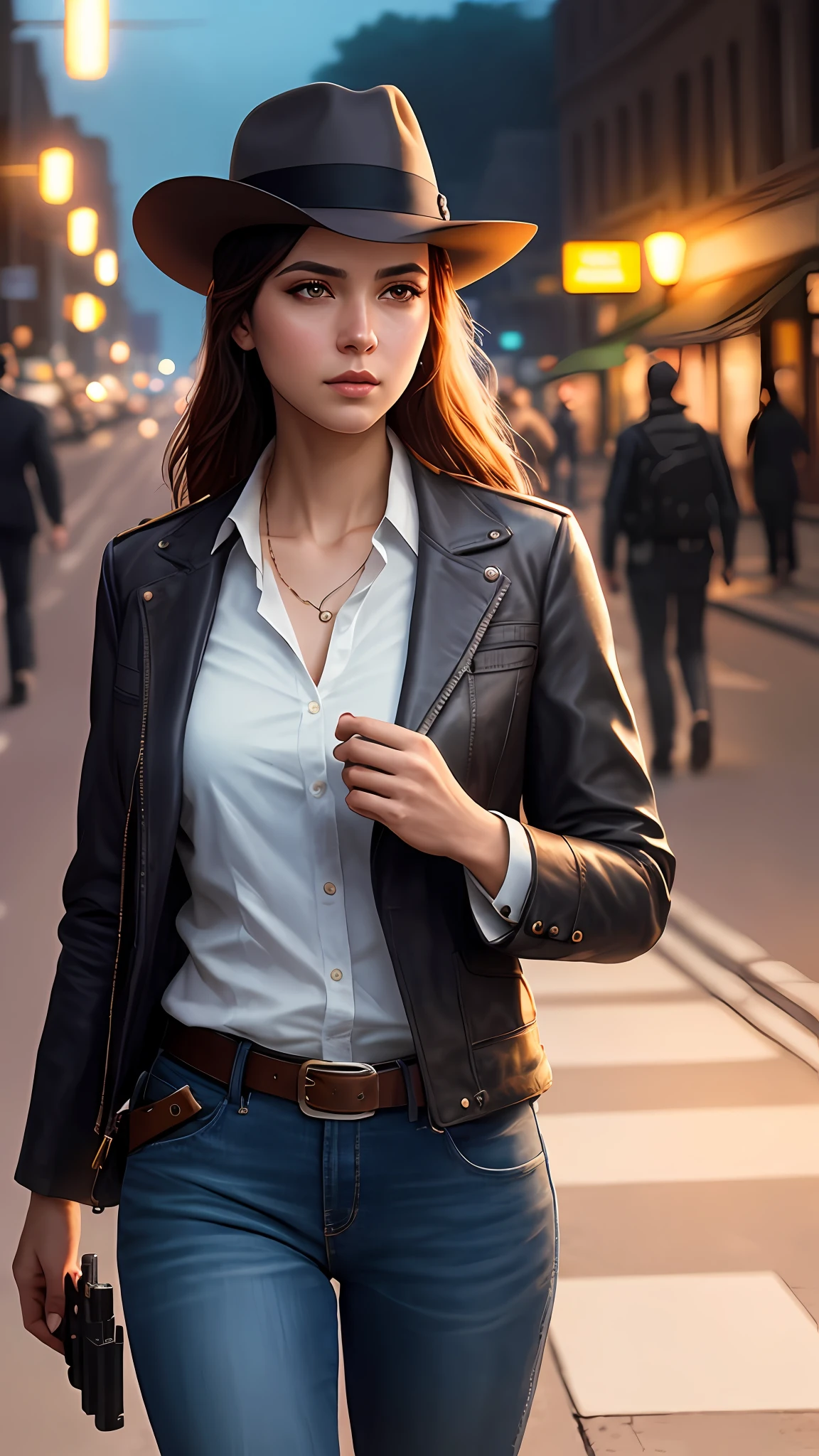 photo of (MCHasDex:0.99), a man as a detective, (walking down a street at night), (holstered gun), modelshoot style, (extremely detailed CG unity 8k wallpaper), photo of the most beautiful artwork in the world, professional majestic oil painting by Ed Blinkey, Atey Ghailan, Studio Ghibli, by Jeremy Mann, Greg Manchess, Antonio Moro, trending on ArtStation, trending on CGSociety, Intricate, High Detail, Sharp focus, dramatic, photorealistic painting art by midjourney and greg rutkowski, (wearing a fedora:1.1), (looking at viewer), (detailed pupils:1.3), closeup