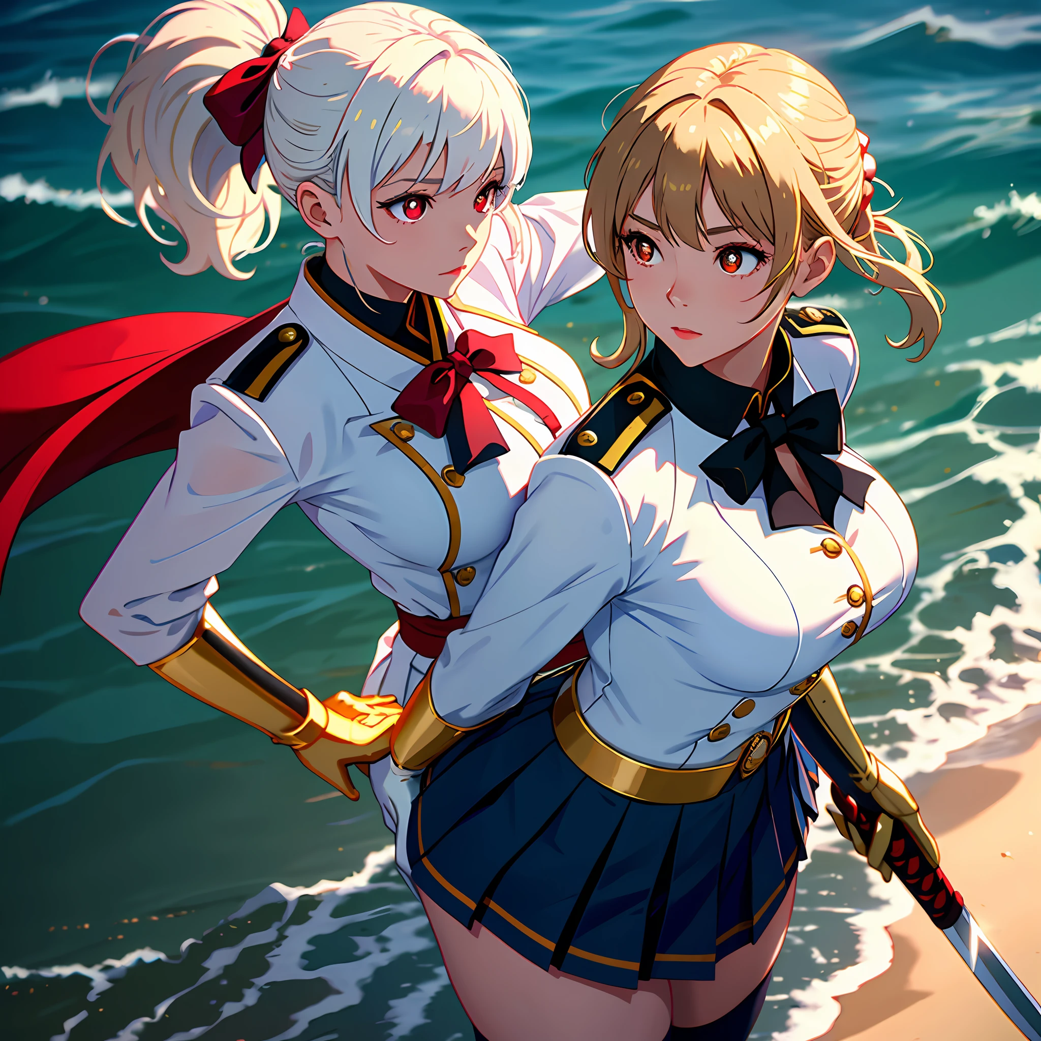 1个Giant Breast Girl,cabelos preto e longos,Qi bangs,Long ponytail,White bow hairpin,red pupils,beauitful face,crisp breasts,Convex buttocks,White military uniform,Double-breasted gold-tone clasp,White pleated skirt,Black stockings,White gloves,Japanese katana in hand,beachside,Naval warships,perfectly proportioned, Cinematic lighting, filmgrain, Fuji colors, lightand shade contrast, 8K, 巨作, Textured skin, Super detail, high detal, High quality, A high resolution,