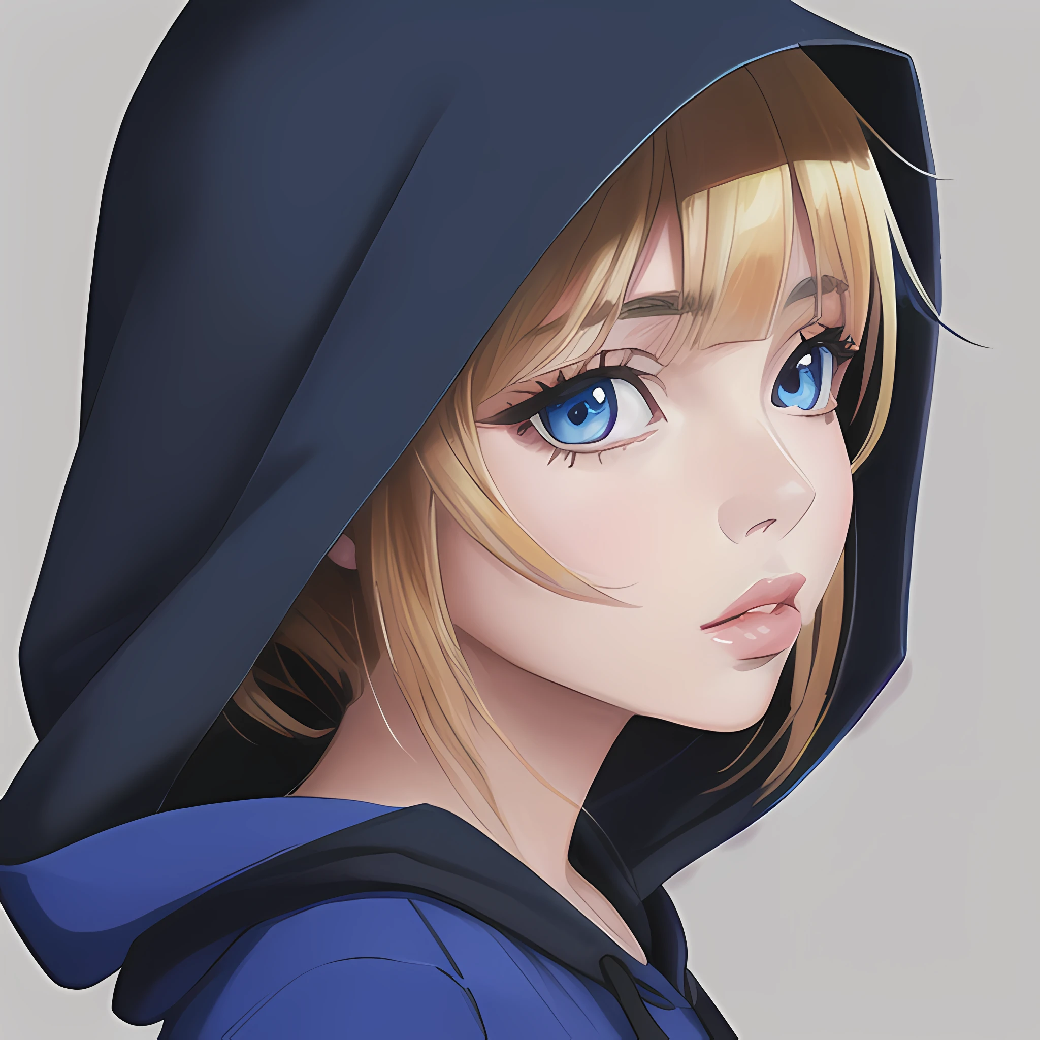 ((close up portrait of middled age woman with a hood on & with big huge giant blue eyes & tiny nose & closed wide thick mouth full lips!!!:1.5)), she is looking at the camera & her expression is solemn, colorfull anime portait, colorfull anime profile, solemn expression, mysterious portrait of a woman, inspired by Naruto anime series, myself, mysterious portrait, mysterious eerie portrait, night!!! (((masterpiece))), (((best quality))), ((ultra-detailed)), (highly detailed anime illustration), ((an extremely delicate and beautiful)),(from side),cinematic light,((1anime woman)),solo, black background, extreme detailed,colorful,highest detailed