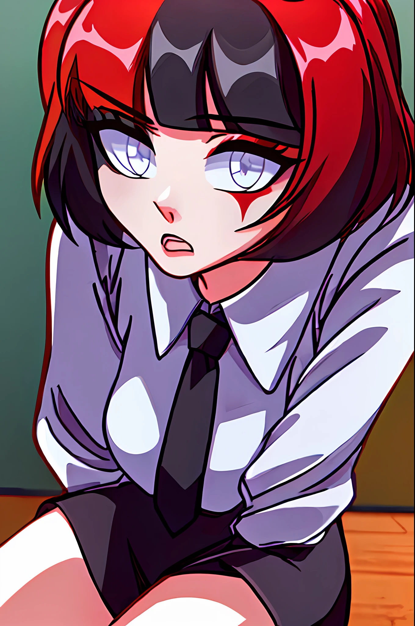 ((tmasterpiece, Best Quality))), ((独奏, 1girl)), ((redhead hair, black hair, multi-colored hair)), (white shirt, black necktie), Short Hair Hair, Sits, very detail, photorealestic, photo realism, Surprised, Puzzled, Sad, Slightly blurry background