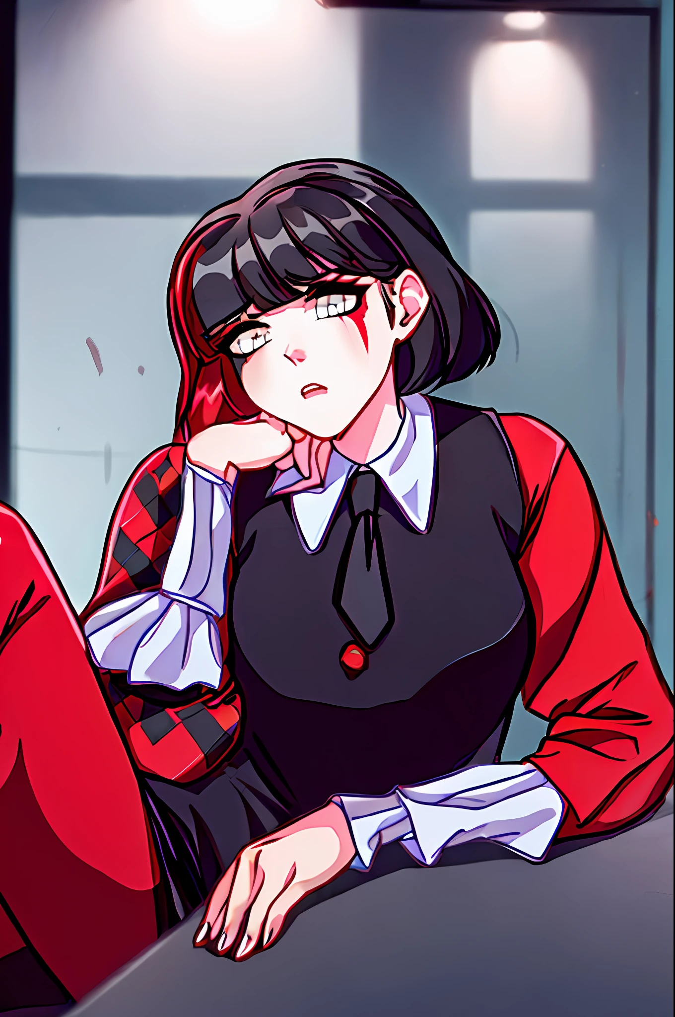 ((tmasterpiece, Best Quality))), ((独奏, 1girl)), ((redhead hair, black hair, multi-colored hair)), (white shirt, black necktie), Short Hair Hair, Sits, very detail, photorealestic, photo realism, Surprised, Puzzled, Sad, Slightly blurry background