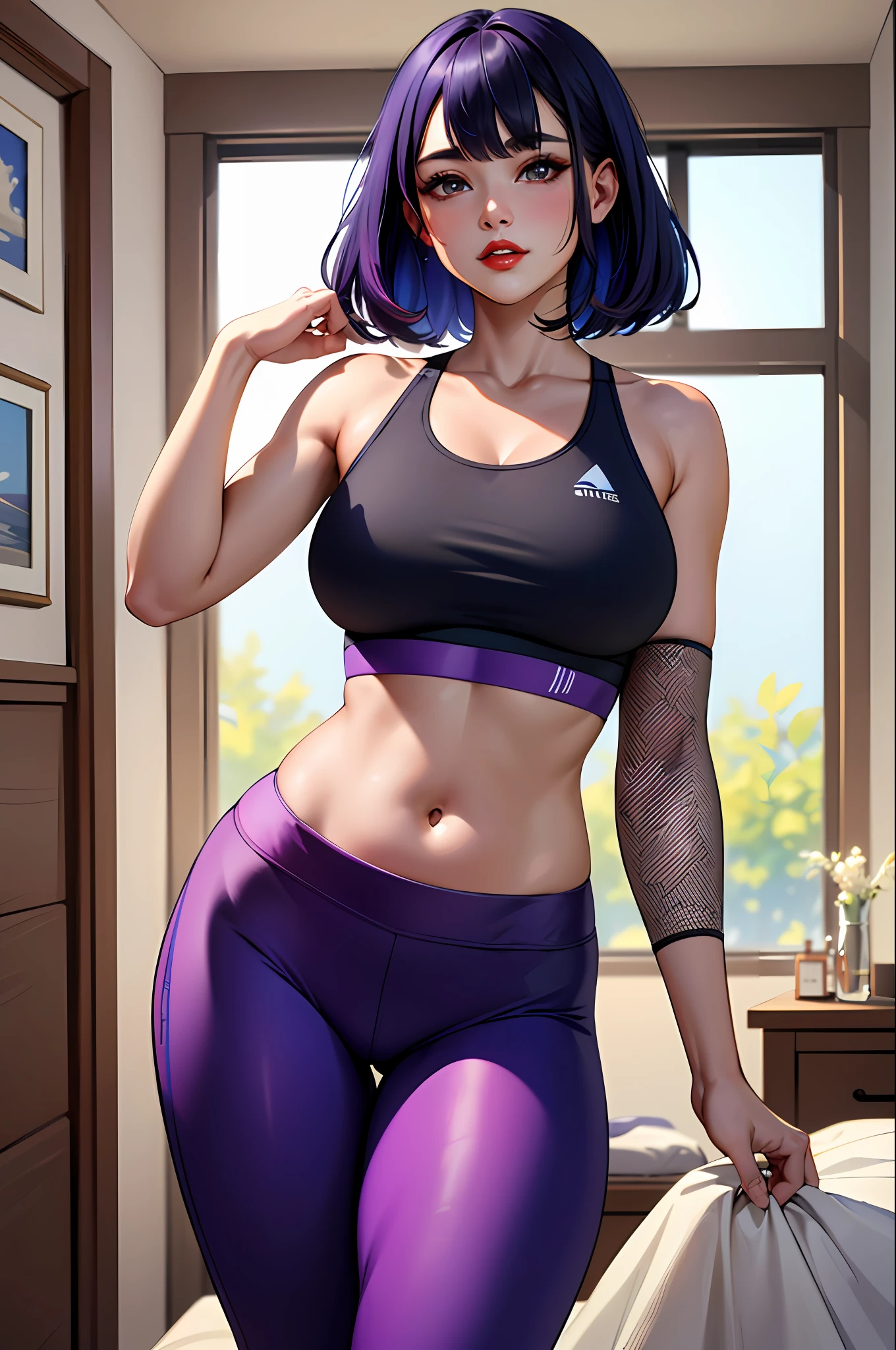 (masterpiece:1.4)、(top-quality:1.4)、
1girl in, Sports bra and purple sports leggings、Arm sleeve、Hair with blue mesh on bangs、length hair, looking at the viewers, Bedroom, 独奏 ,realisitic,(shinny skin),(masterpiece:1.4),(top-quality:1.4),red-lips