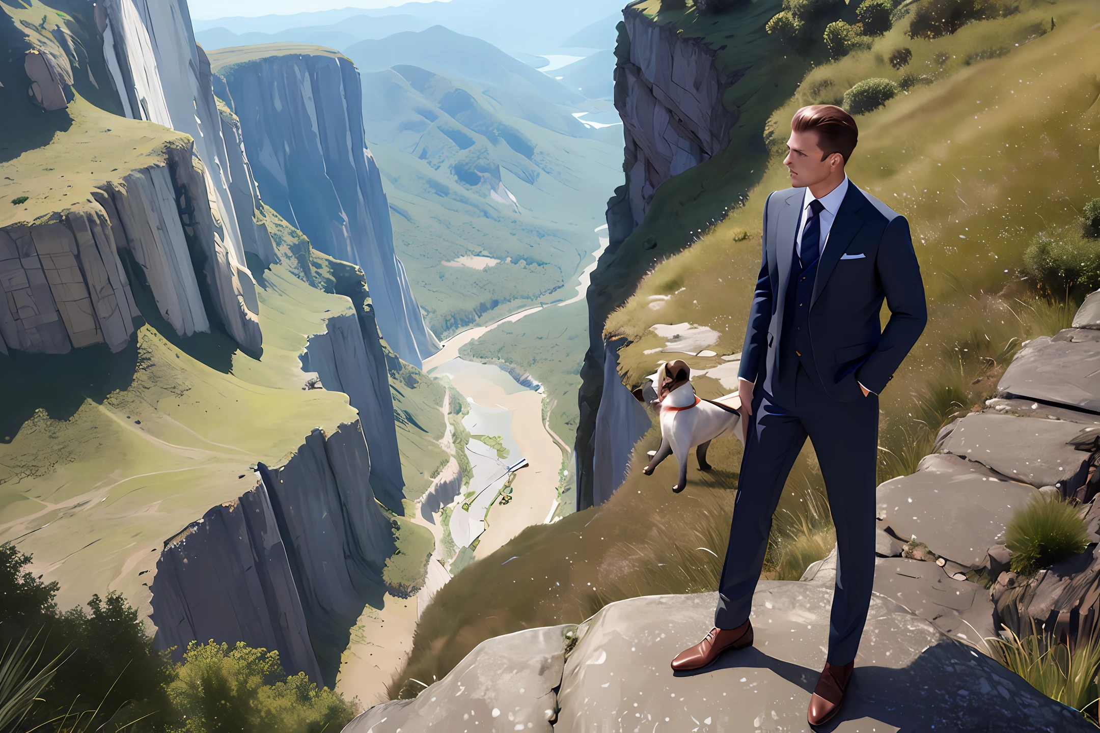 The man's suit dog's head is two meters high, and behind it is a cliff