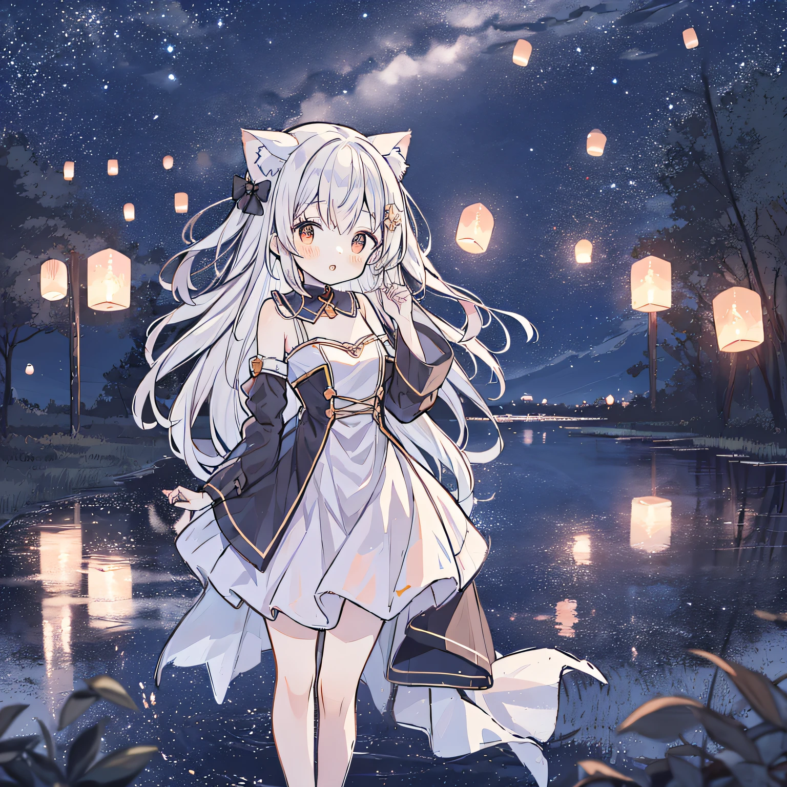 (((Gorgeous picture))), best qualtiy, Ultra-high definition CG work, Unique creative spell, A cute fox girl standing alone under the moonlight, Look at the sky, The surface of the pond ripples,The ink color is still soft, The loneliness runs endless. --auto