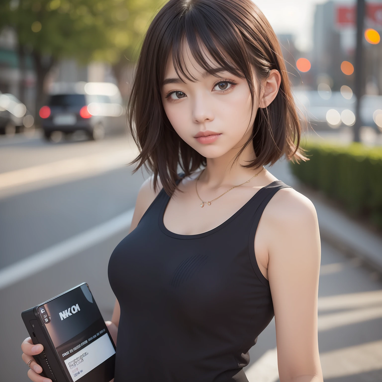 1 girl, depth of fields, One-person viewpoint, F/1.8, 135 mm, NIKON, NIKON, nffsw, retinas, masutepiece, ccurate, Anatomically correct, Textured skin, Super Detail, high details, High quality, Best Quality, 1080p, hard disk, 4K, 8K Tank Top, 20 years girl、short dull hair、bionde、beautiful countenance