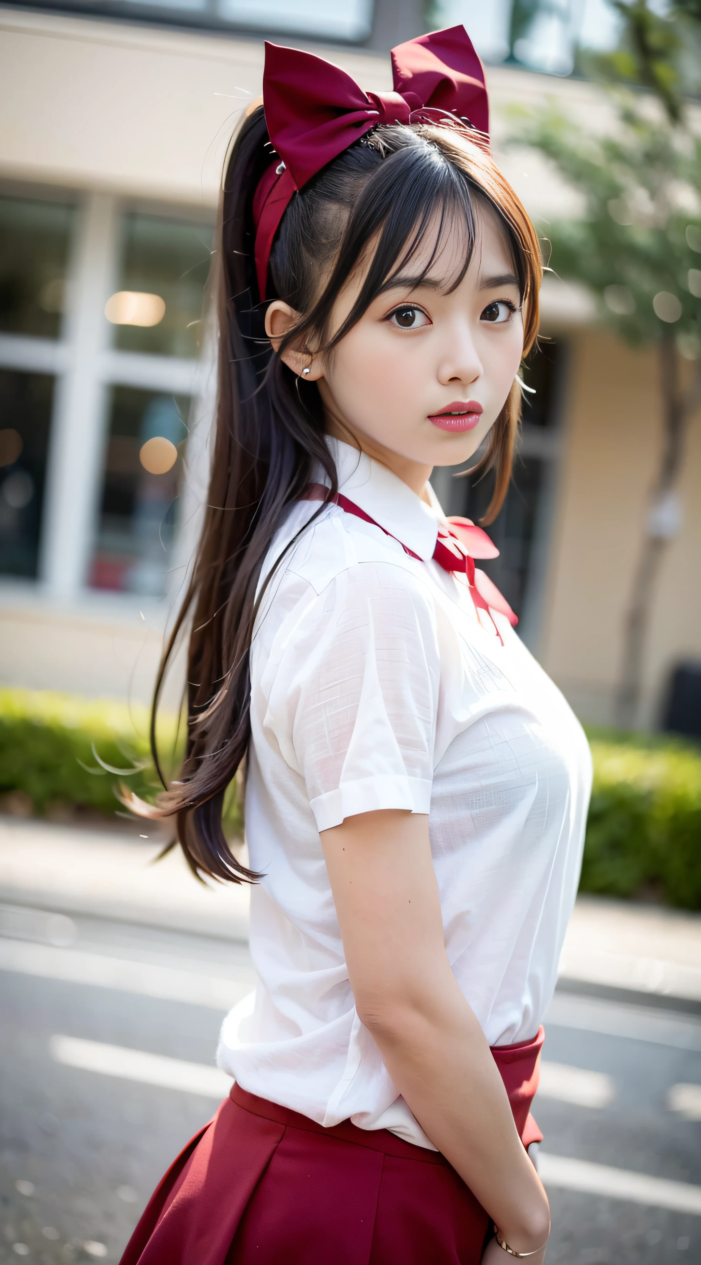 (4k, RAW photo, best quality, masterpiece: 1.3), (real, photo real: 1.37), (night), (looking at viewer: 1.331), (black hair), posing, school playground, night scene, tender Light, 1girl, beautiful face, half body, hands down, random hairstyle, random expression, big eyes, belly, (short sleeve.JK_shirt), JK_style, (dark red JK_skirt) ,(Bowknot JK_tie),solo,