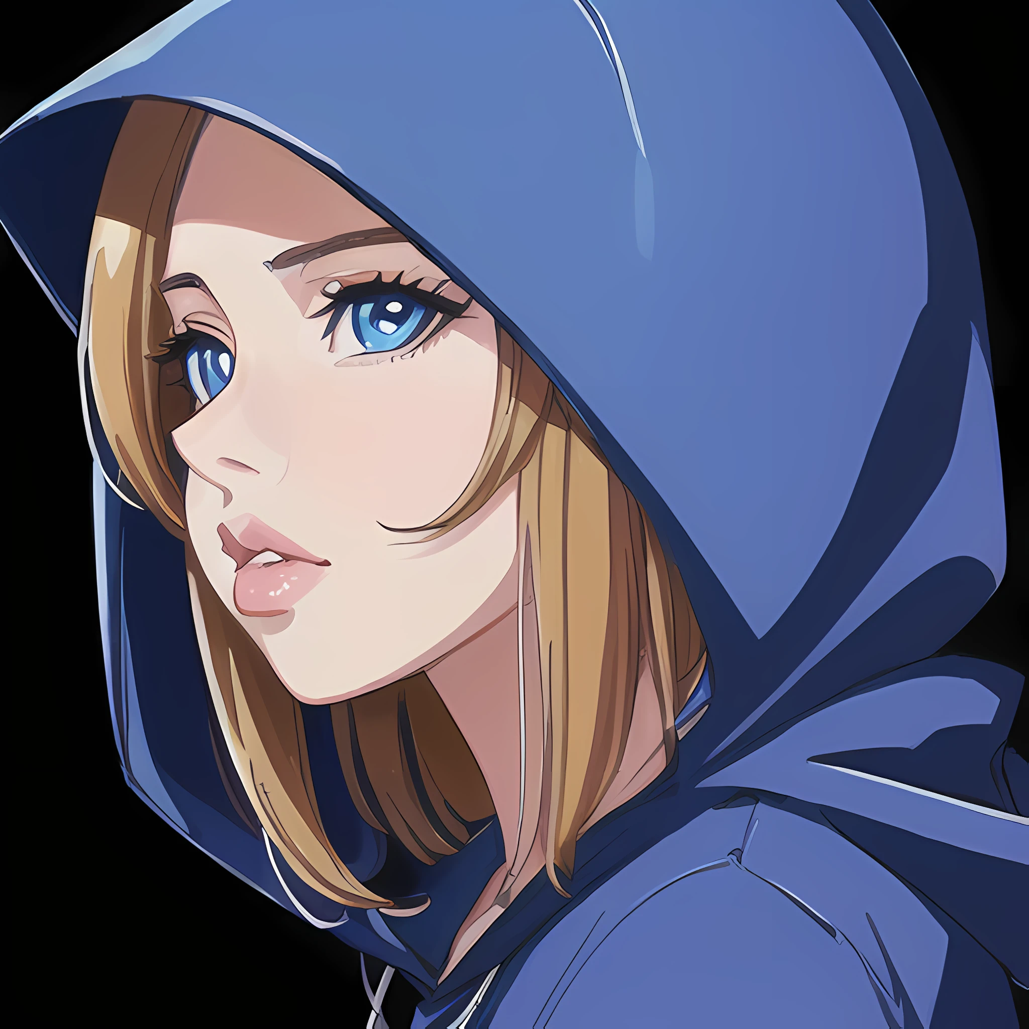((close up portrait of middled age woman with a hood on & with big huge giant blue eyes & tiny nose & closed wide thick mouth full lips!!!:1.5)), she is looking at the camera & her expression is solemn, colorfull anime portait, colorfull anime profile, solemn expression, mysterious portrait of a woman, inspired by Naruto anime series, myself, mysterious portrait, mysterious eerie portrait, night!!! (((masterpiece))), (((best quality))), ((ultra-detailed)), (highly detailed anime illustration), ((an extremely delicate and beautiful)),(from side),cinematic light,((1anime woman)),solo, black background, extreme detailed,colorful,highest detailed