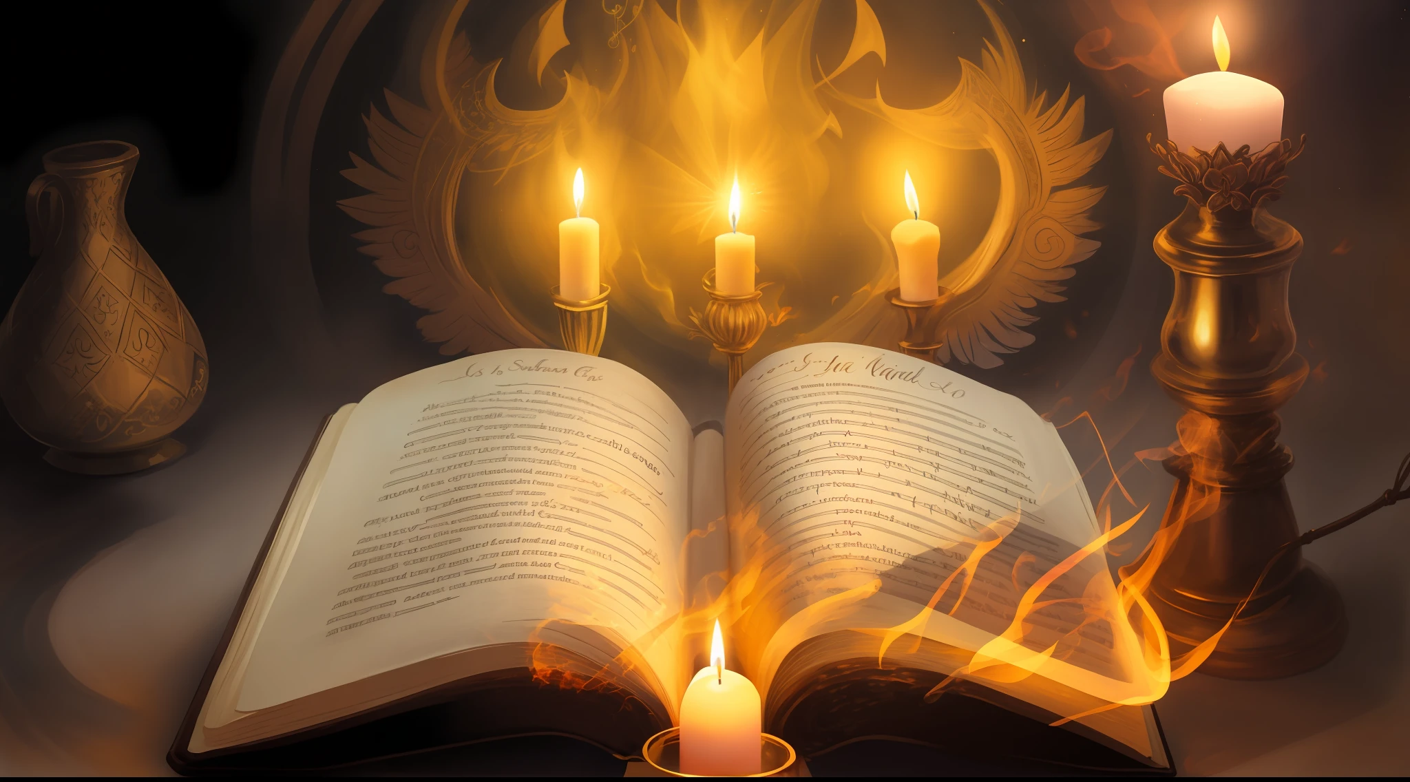 There is a candle and a book on a table with a candle, holy fire spell art, holy flame spell, open magic book glowing, Reading an evil demonic book, Estudando um portal de fenda aberta do inferno, spell book, bible illustration, um fundo espiritual abstrato, magic book, fantasy book illustration, akashic, Uplighting, spiritual lighting, conhecimento intenso, black magic spells