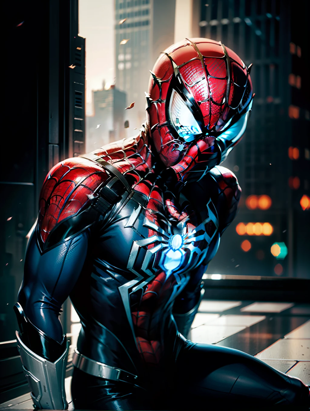 Spider-Man cyberpunk looks down at the floor in anger, Only his upper body was drawn