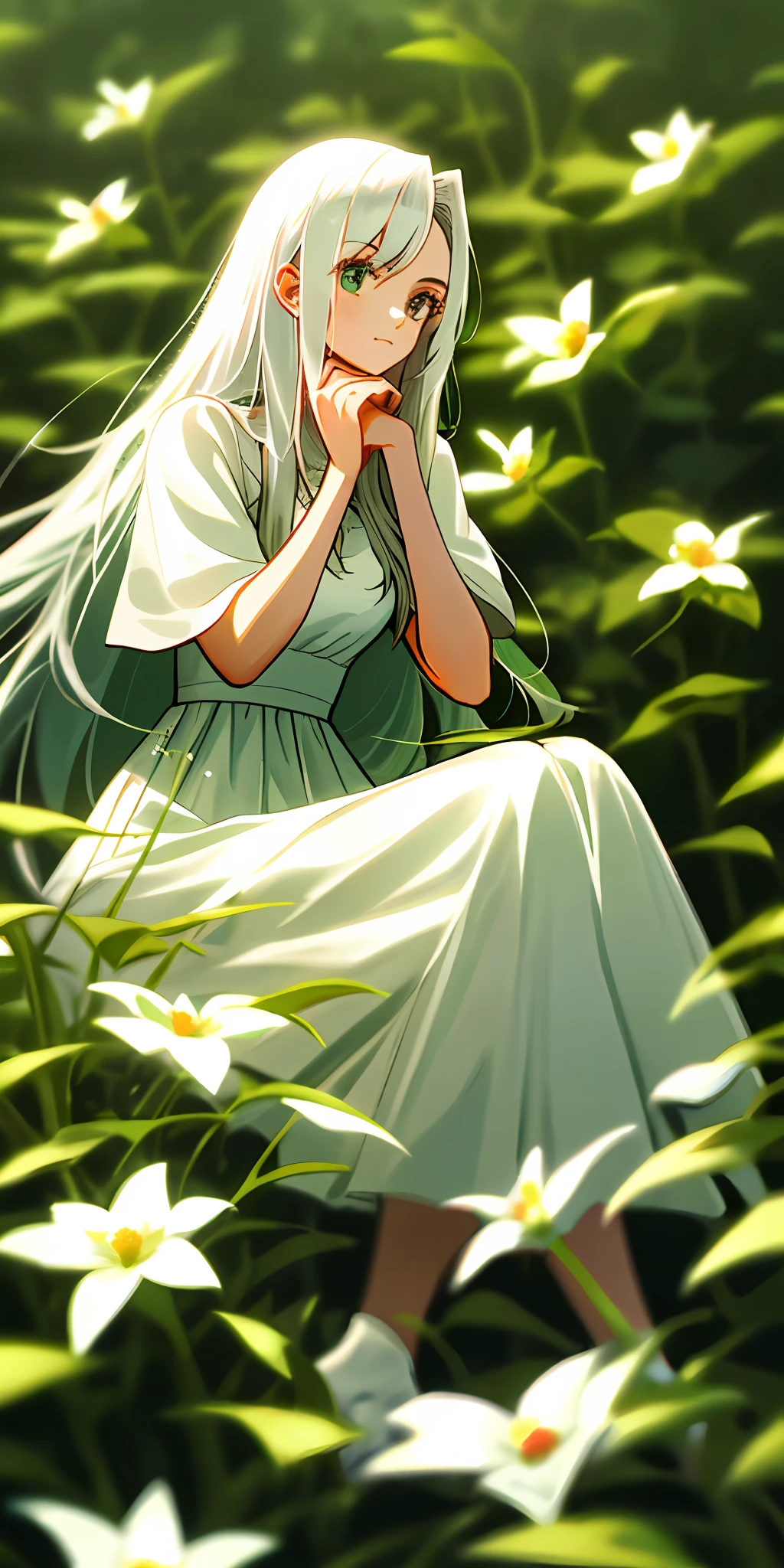 (masterpiece, best quality),1girl with long white hair sitting in a field of green plants and flowers, her hand under her chin, warm lighting, white dress, blurry foreground