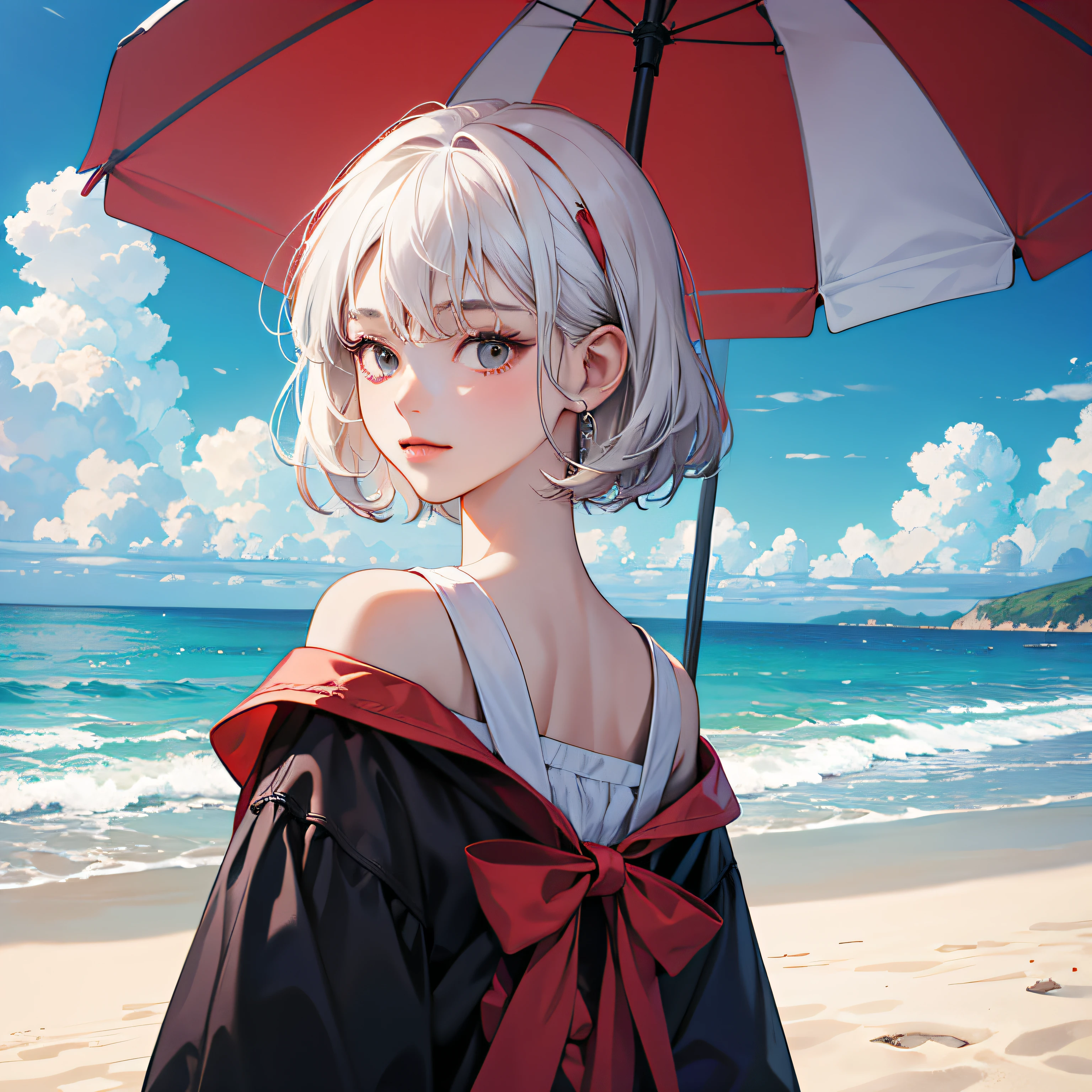 ，teens girl，The upper part of the body，White and red top，short detailed hair，White color hair，夏天，beachside，baiyun，Positive side face，surrealism, shadowing, anaglyph, stereograms, tachi-e, angle of view, Atmospheric perspective, 8K, Super detail, ccurate, Best quality --auto