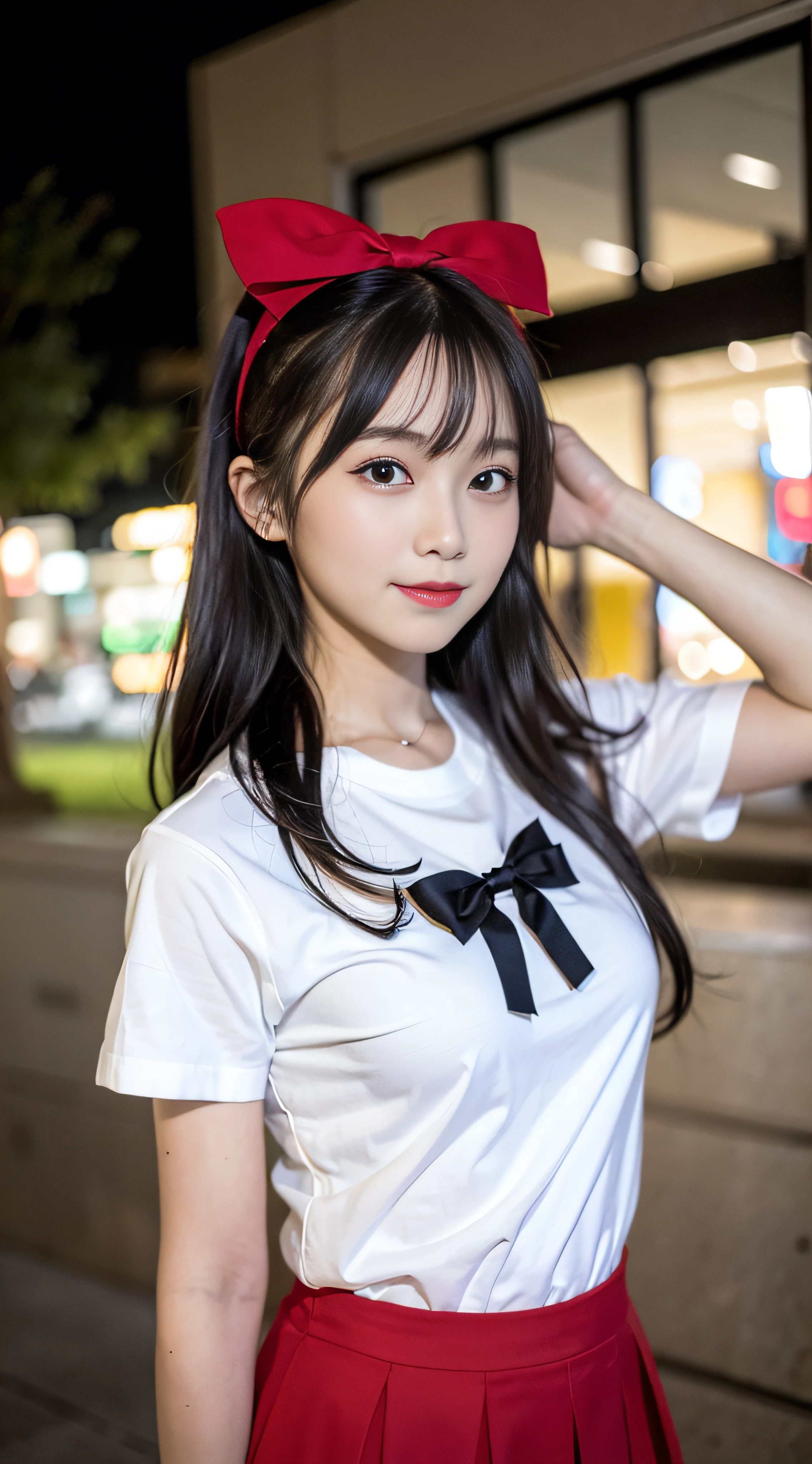 (4k, RAW photo, best quality, masterpiece: 1.3), (real, photo real: 1.37), (night), (looking at viewer: 1.331), (black hair), posing, school playground, night scene, tender Light, 1girl, beautiful face, half body, hands down, random hairstyle, random expression, big eyes, belly, (short sleeve.JK_shirt), JK_style, (dark red JK_skirt) ,(Bowknot JK_tie),solo,