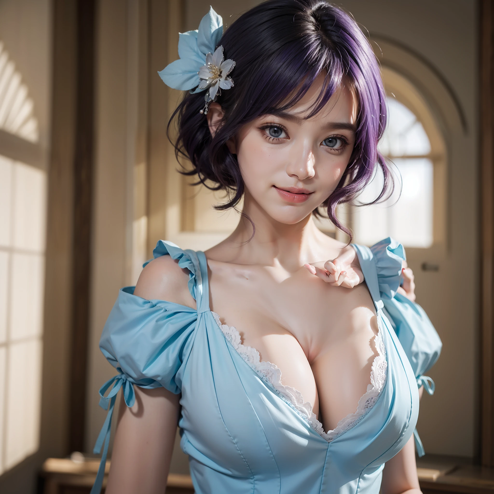 Colorful hair(Purple and blue gradient)、Shorthair、Beautuful Women、beautidful eyes、Dazzling smile、Soft skin、Official art、masterpiece、Extremely delicate modeling、top-quality、Photorealsitic、8k picture、hiquality、large full breasts、Princess、Infant face(Rounded face)、Cute clothes