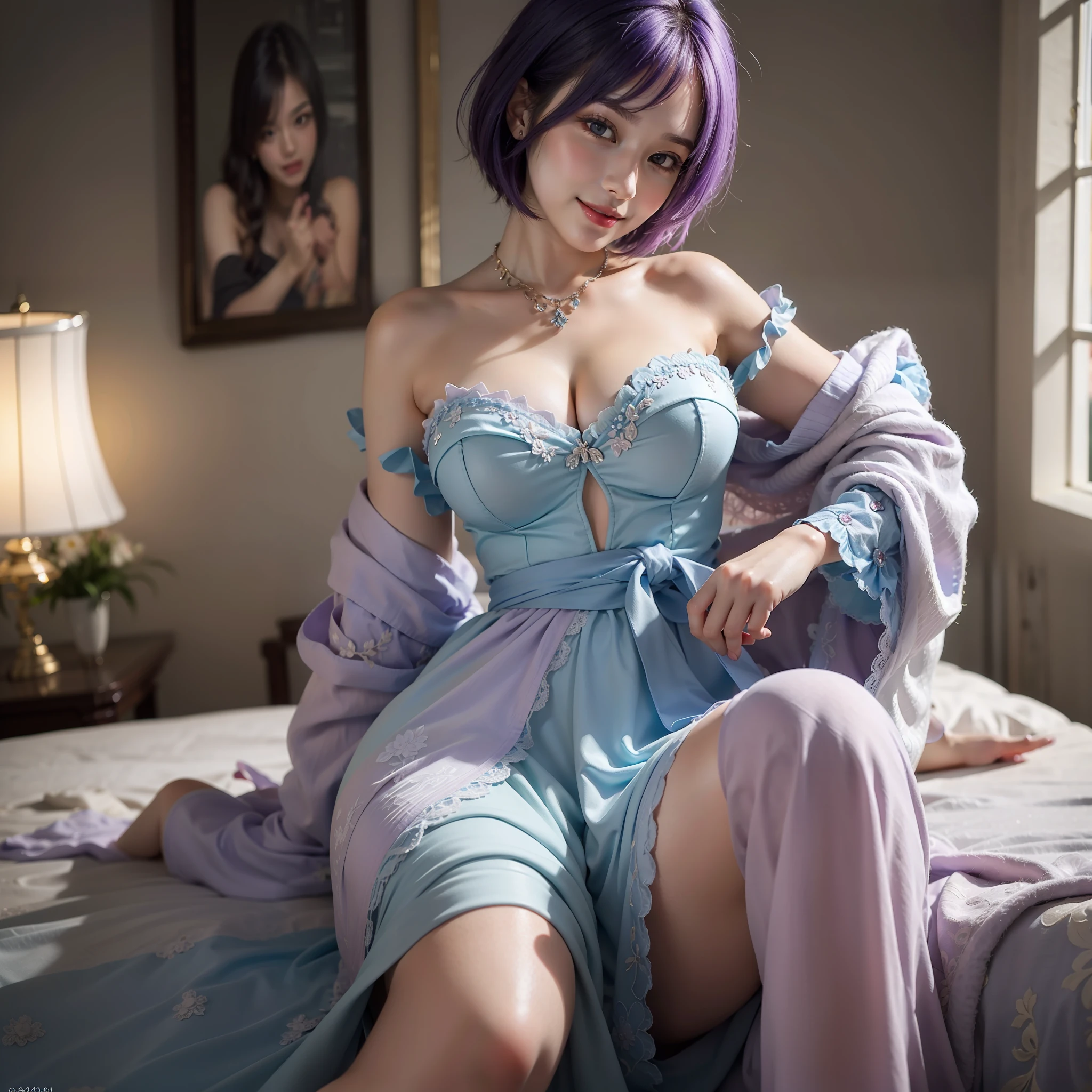 Colorful hair（Purple and blue gradient）、Shorthair、Beautuful Women、beautidful eyes、Dazzling smile、Soft skin、Official art、​masterpiece、Extremely delicate modeling、top-quality、Photorealsitic、8k picture、hiquality、large full breasts、Princess、Infant face（Rounded face）、Cute clothes