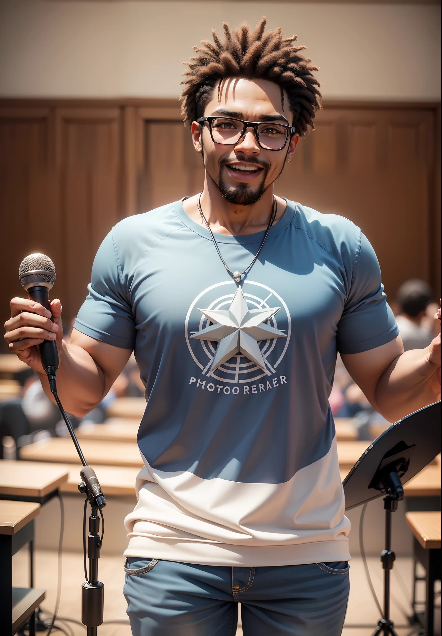 homem negro, africano, muito magro, sorrindo, wearing prescription glasses, camiseta branca, blue jeans, with a microphone in hand singing inside an Adventist church, Pose para foto, Foto de Stock, Directed by: Emma Andijewska, Directed by: Jakob Gauermann, igreja, foto de alta qualidade, mid portrait, foto tirada, Fotografe o conjunto, high resolution photo, Religion, amizade, muito expressivo, Anime realista, desenhado, 4k