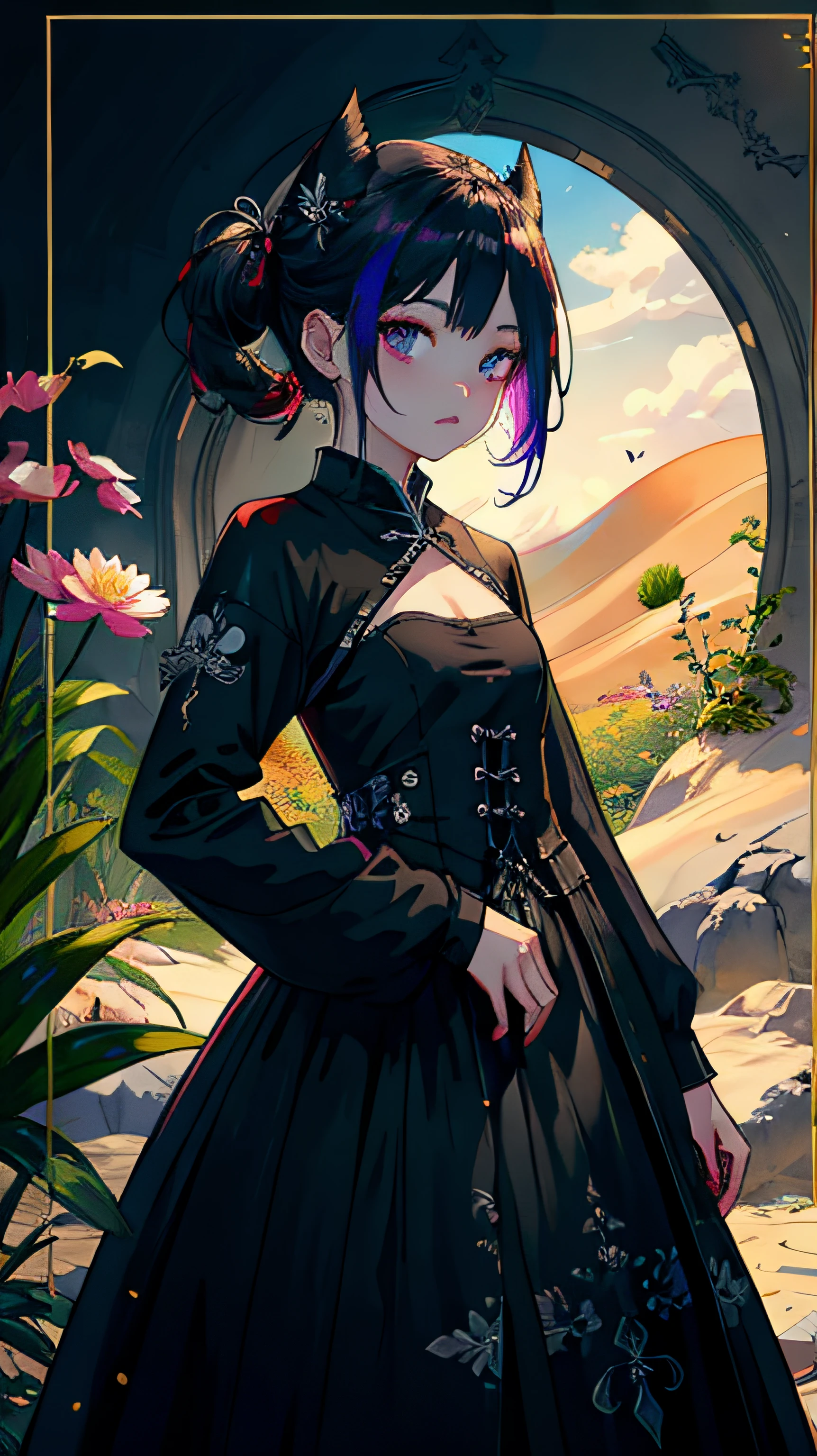 ((masterpiece,best quality)),2girls, black kimono, black legwear, black ribbon, black hair, cherry blossoms, day, flower, hair bun, hair ribbon, japanese clothes, kimono, long hair, looking at viewer, looking back ，多个女孩，腰带，户外，红眼睛，红头发，缎带，凉鞋，单人发髻，楼梯，站立，雕像，鸟居，树，白色和服，黄色眼睛 --auto