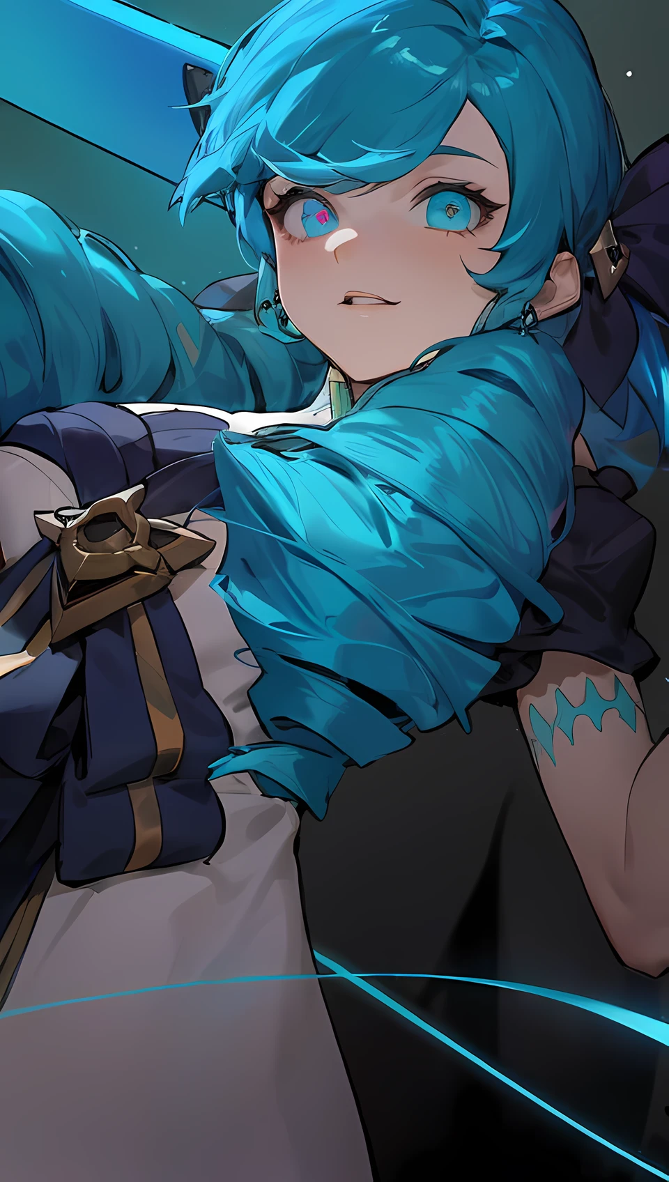 A woman with blue hair and a blue dress holds a sword, Splash art anime Loli, Anime girl with teal hair, Portrait Chevaliers du Zodiaque Fille, anime moe art style, nightcore, anime girl with cosmic hair, Ayaka Genshin impact, Stylized anime, Genshin impact's character, knights of zodiac girl, shadowverse style, kda