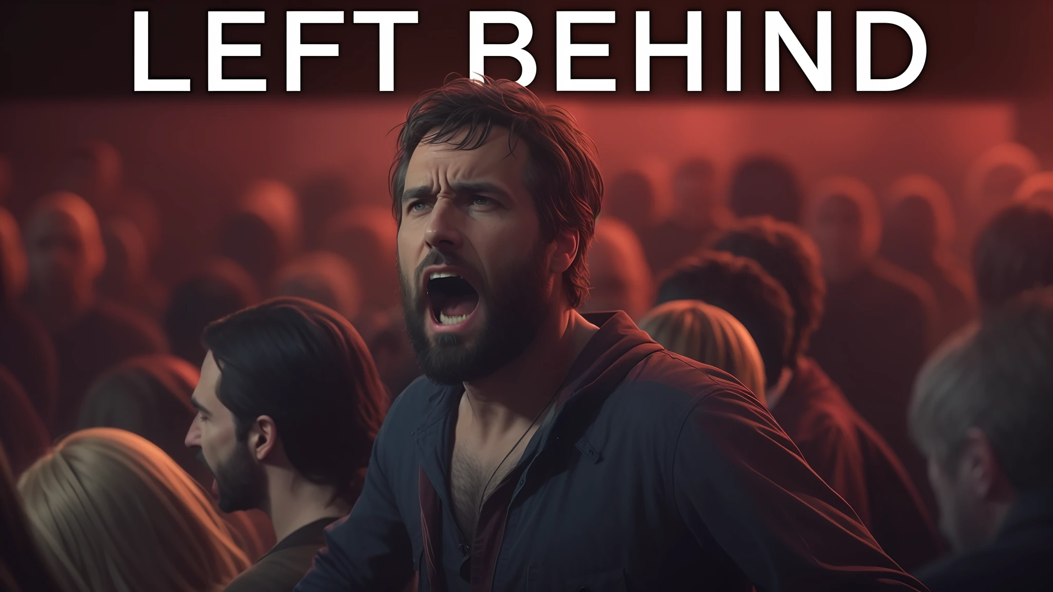 A man with a beard and beardless face is screaming in a crowded room, Left behind, meet the actor behind the scenes, In a cinematographe by Denis Villeneuve, luz esquerda, Denis Villeneuve cinematographicand look, muito coerente. cinemactic, darkness behind him, lit from behind, Doff, Filme VFX, # Film, Nos bastidores, closeup do Filme vfx, behind