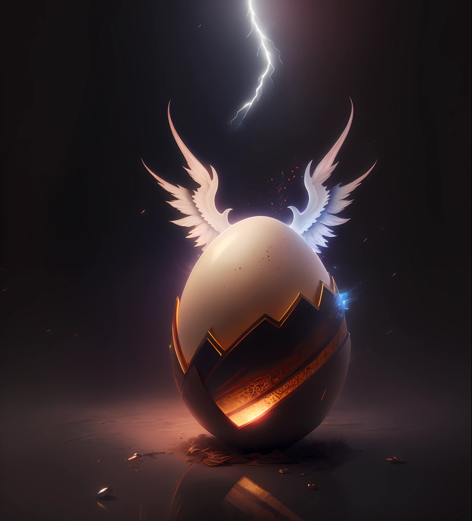 there is a large egg with a hole in it on a dark surface, 3d digital art 4k, cinema 4d bright light render, cinema 4 d art, 3d render digital art, humpty dumpty in form of egg, digital art render, high-quality render, magic frozen ice phoenix egg, cinema 4 d render, cinema 4d render, white background, color slash, aint unreal engine, octane (broken eggs | intricateaptor Christ:1.27) as as illustrated by simon bisleyiplice & chris hemsworth w 1 0 8 2 holding Aeons Old Weapon + ornate detailed sword + angel wings new technology + holy concept art + hyper realistic flesh