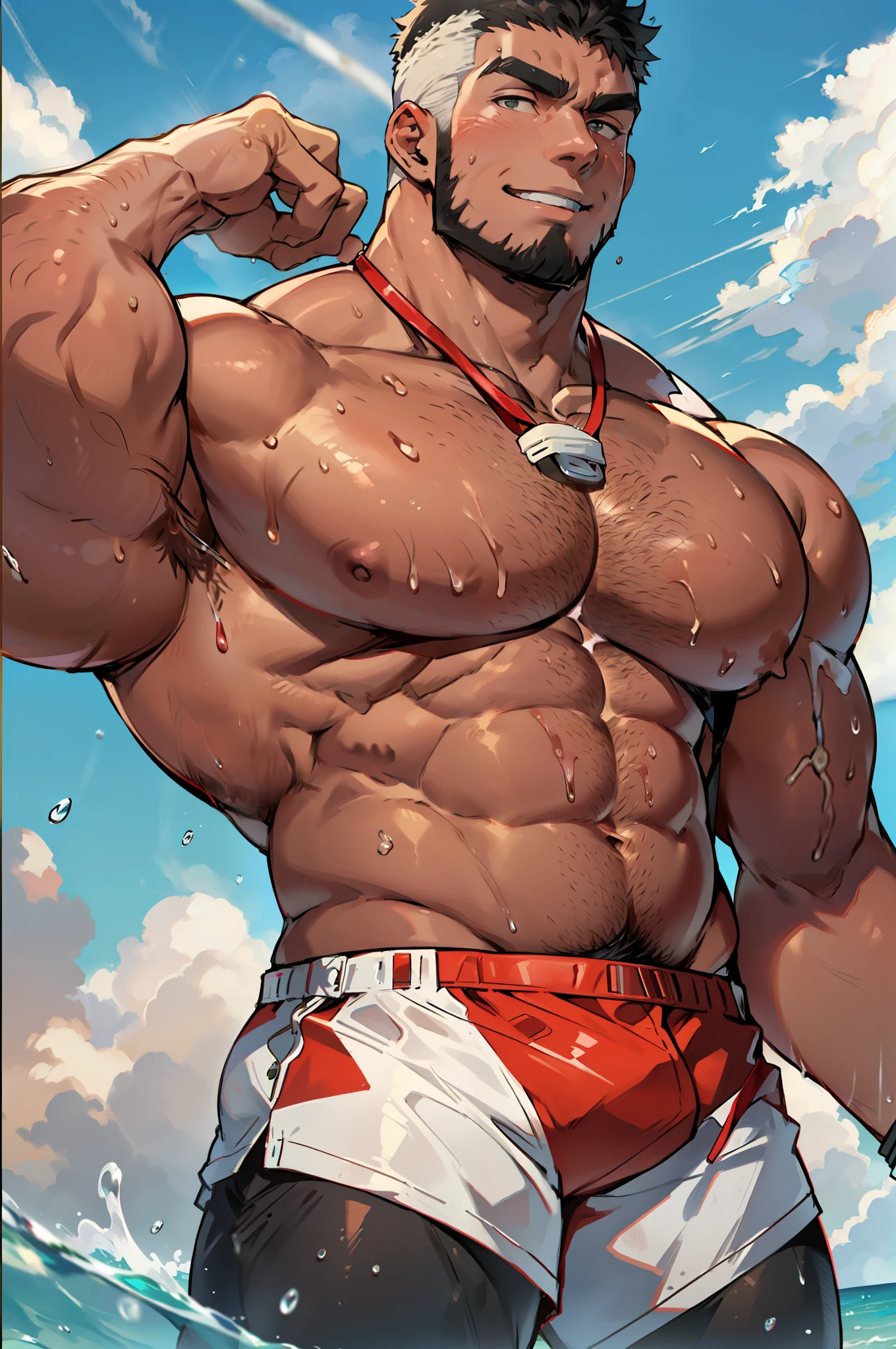 4k, masterpiece, high resolution:1.2, 1 man, solo, 42 year old man, white skin, really tall, bara, muscular!!!, bulk, big physique (beast), shirtless, hairy body, crew cut hair, facial hair, chest, big abs, big waist, wide shoulder, biceps, thighs, triceps, butt, black hair, detailed face, big eyes, big cute smile, friendly, standing in a beach, wearing red swim shorts, wearing red lifeguard baseball cap on the head, wearing a ((white whistle)) on the neck, holding a life buoy, wet body, ultra detailed, shredded muscle, wavy water, realistic water, blue sky in the background, low camera angle